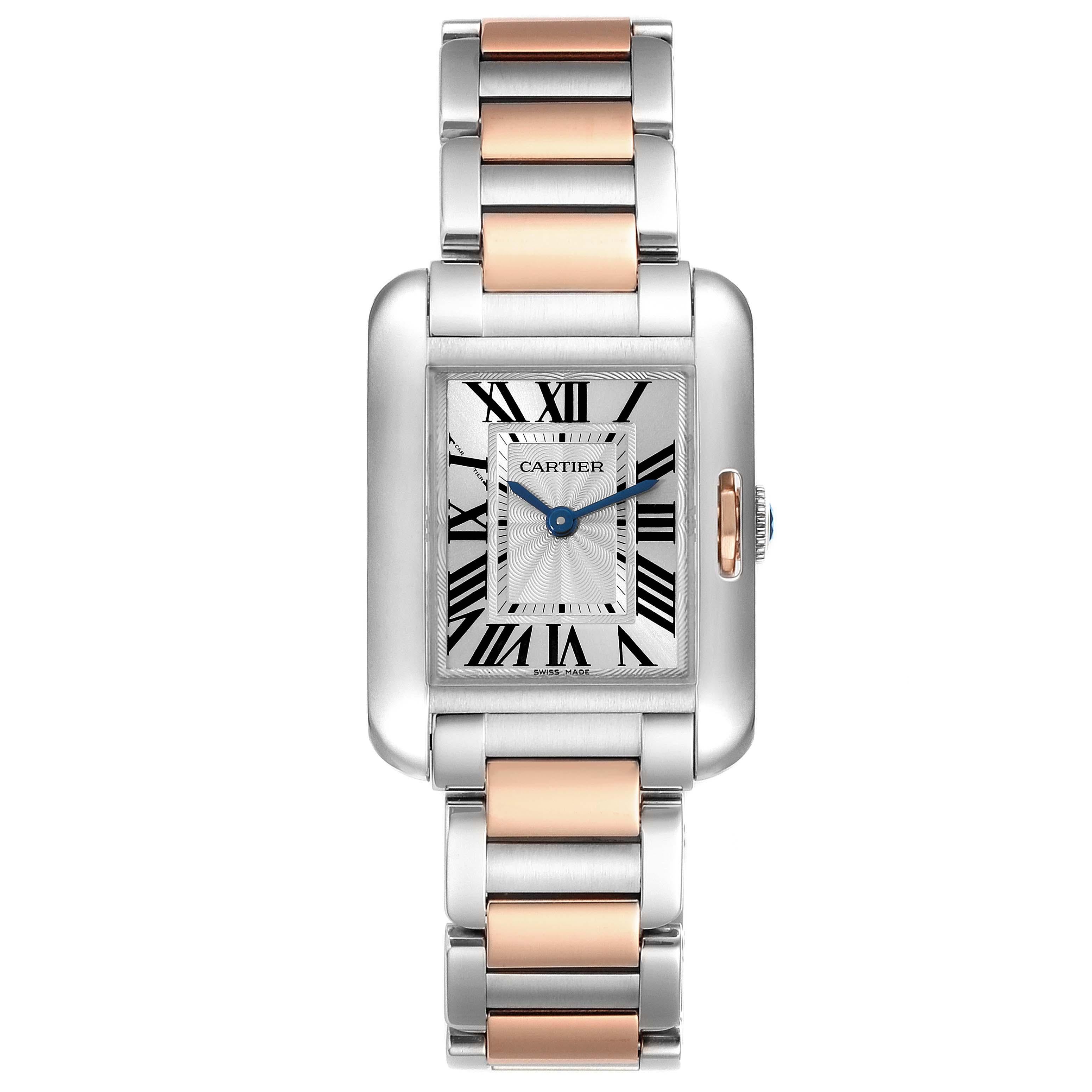 Cartier Tank Anglaise Small Steel Rose Gold Ladies Watch W5310036 Box Papers. Quartz movement. Stainless steel and 18K rose gold case 30.2 x 22.7 mm. Circular grained crown set with blue spinel. . Scratch resistant sapphire crystal. Flinque