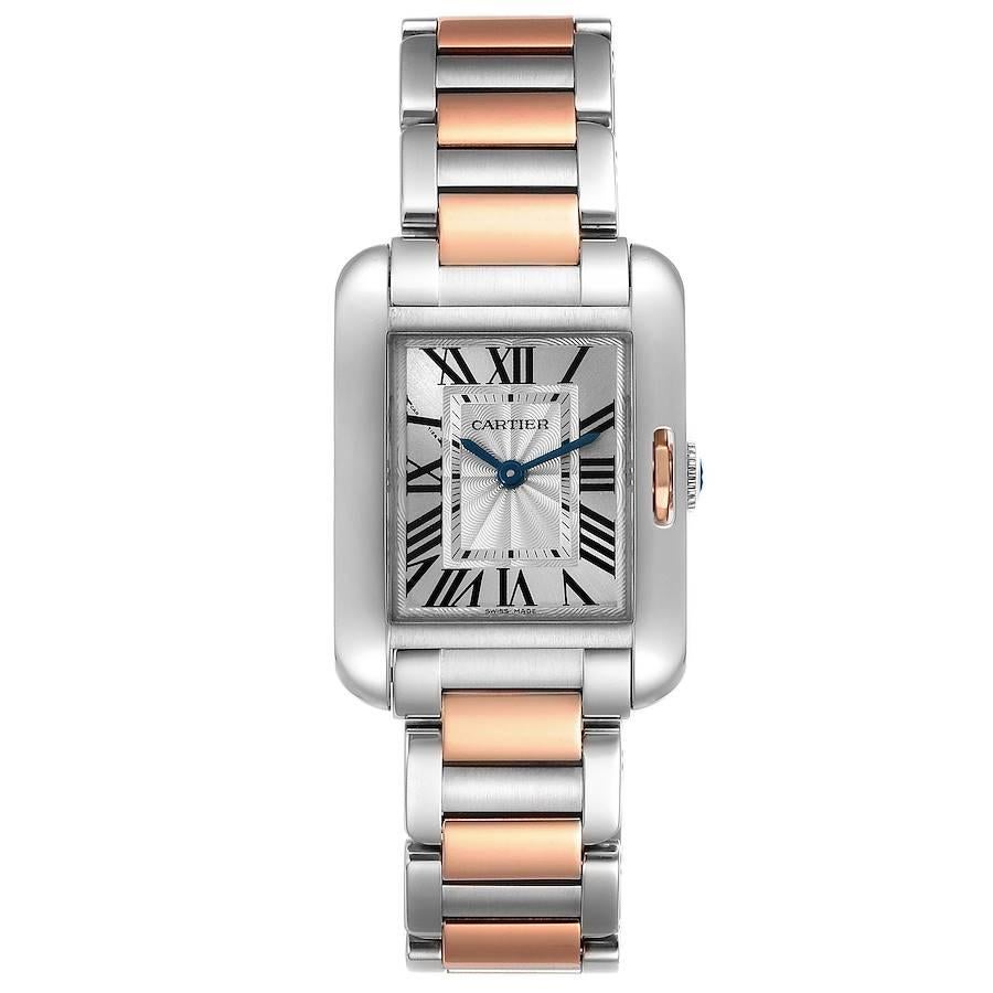 Cartier Tank Anglaise Small Steel Rose Gold Ladies Watch W5310036. Quartz movement. Stainless steel and 18K rose gold case 30.2 x 22.7 mm. Circular grained crown set with the blue spinel. . Scratch resistant sapphire crystal. Flinque silver dial
