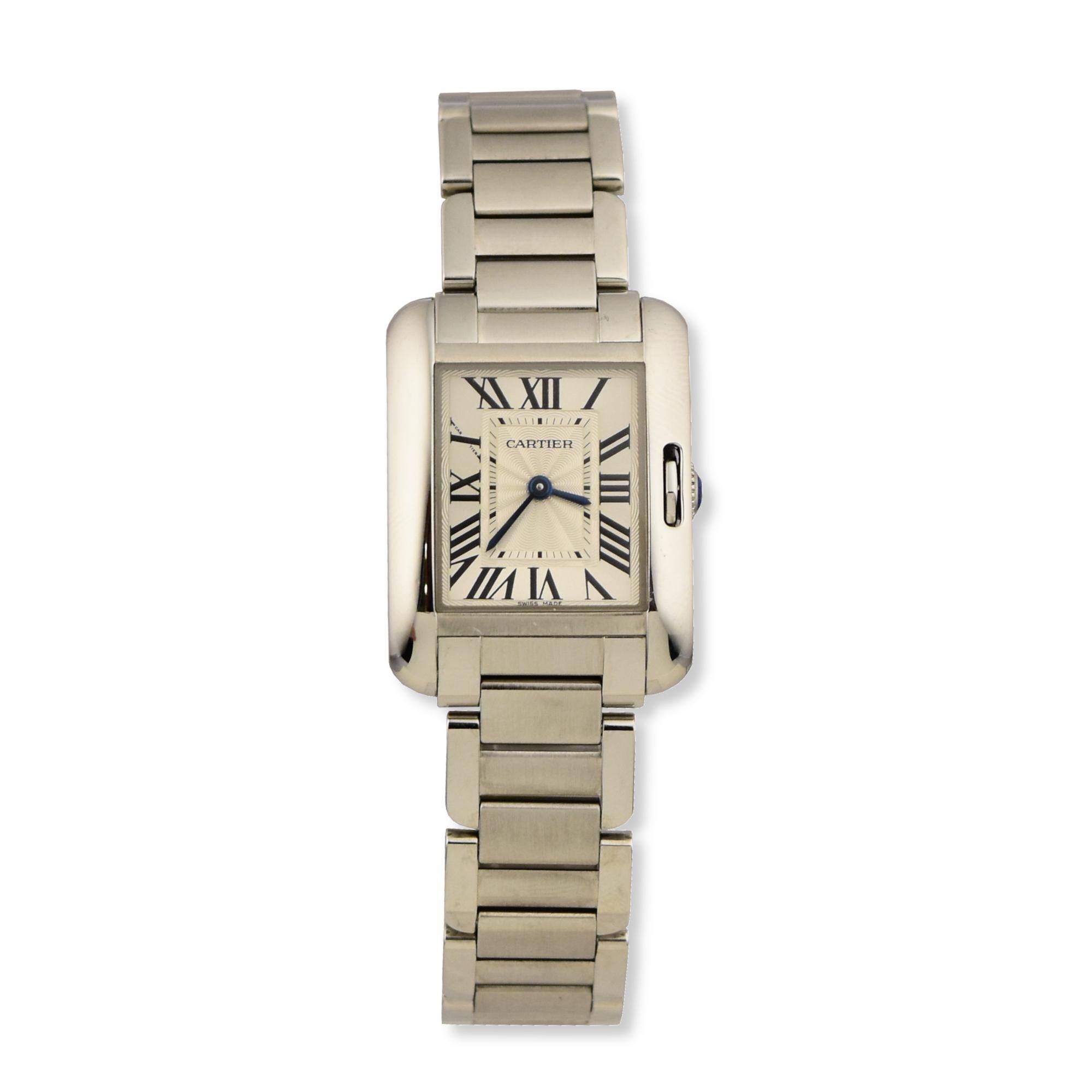 Brand: Cartier
Model: Tank Anglaise 
Movement: Automatic 
Case Size: 26 mm
Dial: Silver 
Case Material: Stainless Steel 
Bracelet Material: Stainless Steel  
Crystal: Scratch-Resistant Sapphire Glass
Includes: 24 Month Brilliance Jewels Warranty
   
