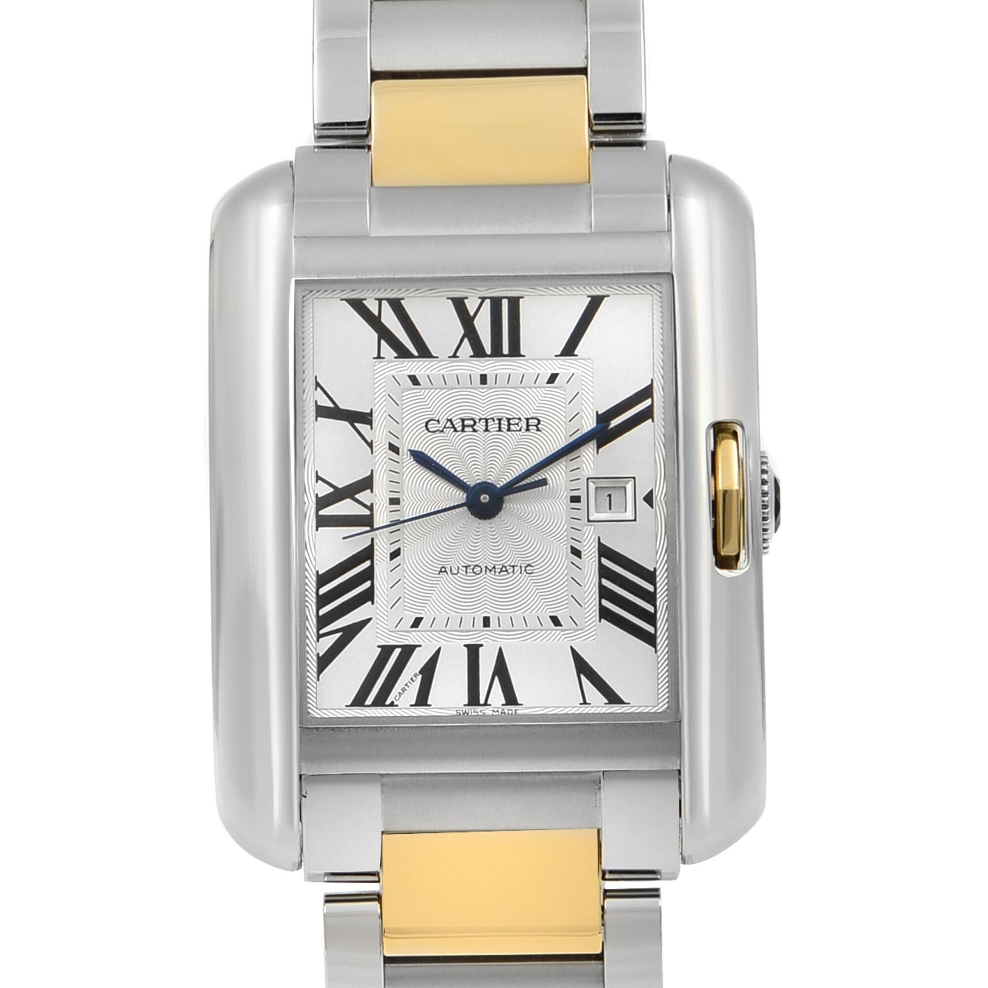 This pre-owned Cartier Tank W5310037 is a beautiful men's timepiece that is powered by mechanical (automatic) movement which is cased in a stainless steel case. It has a round shape face, date indicator dial and has hand roman numerals style
