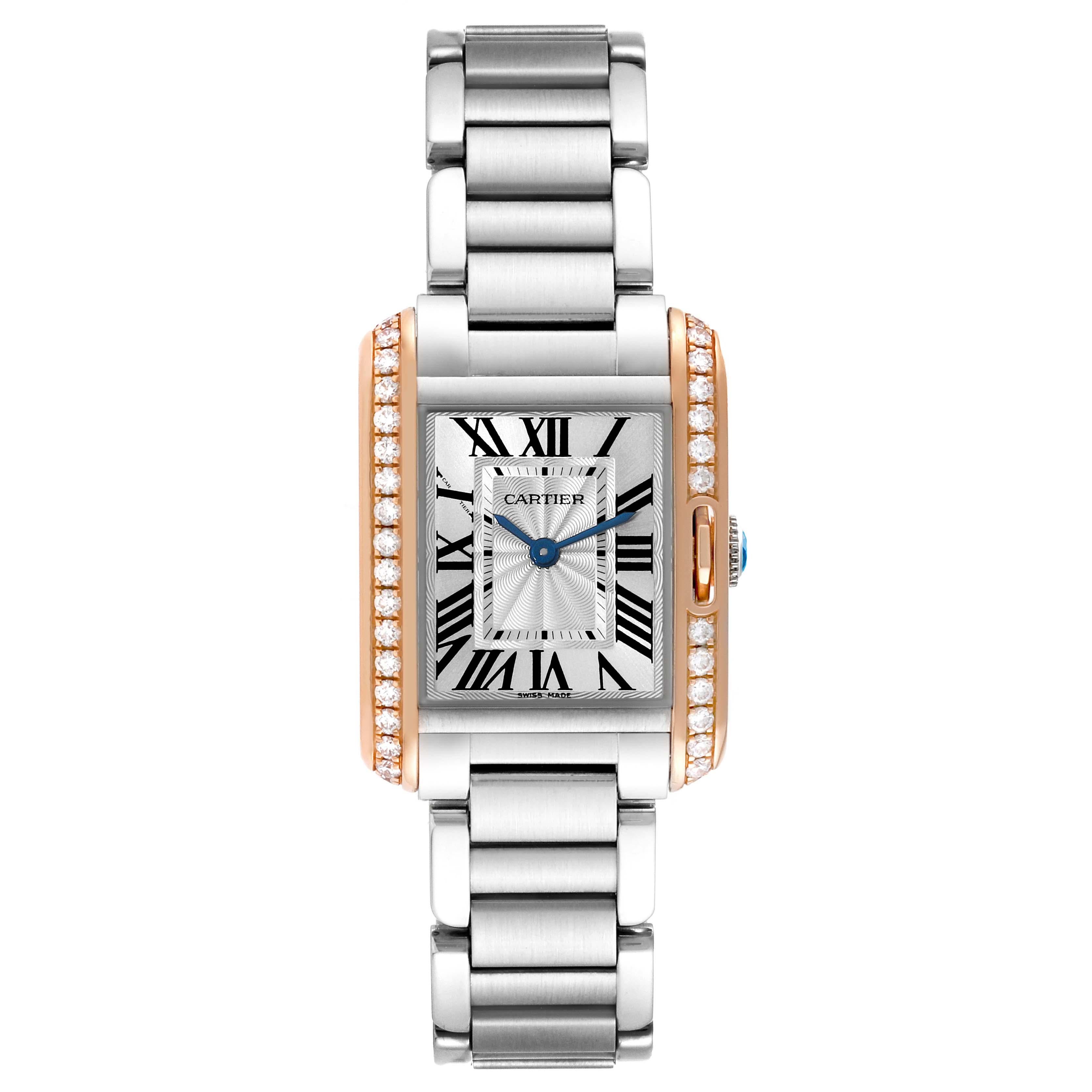 Cartier Tank Anglaise Steel Rose Gold Diamond Ladies Watch W3TA0002 Box Card. Quartz movement. Stainless steel and 18k rose gold case 30.2 x 22.7 mm. Circular grained crown set with a blue spinel cabachon. 18k rose gold original Cartier factory