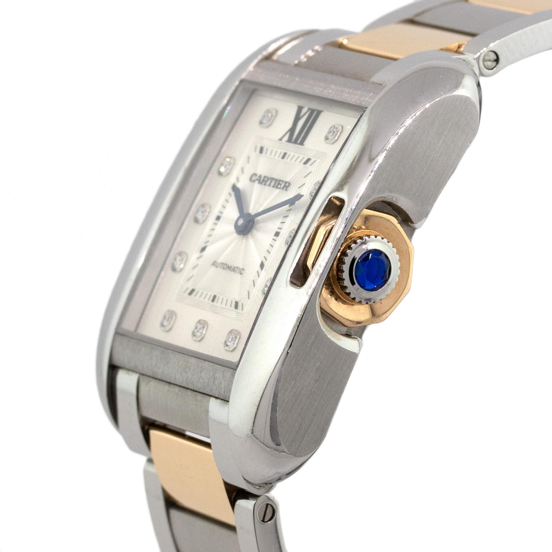 Brand: Cartier
Model: Tank
Case Material: Stainless Steel
Case Diameter: 30mm
Crystal: Scratch resistant sapphire
Bezel: Polished Stainless Steel bezel
Dial: White dial with Diamond hour markers
Bracelet: 18k Rose Gold and Stainless Steel llink