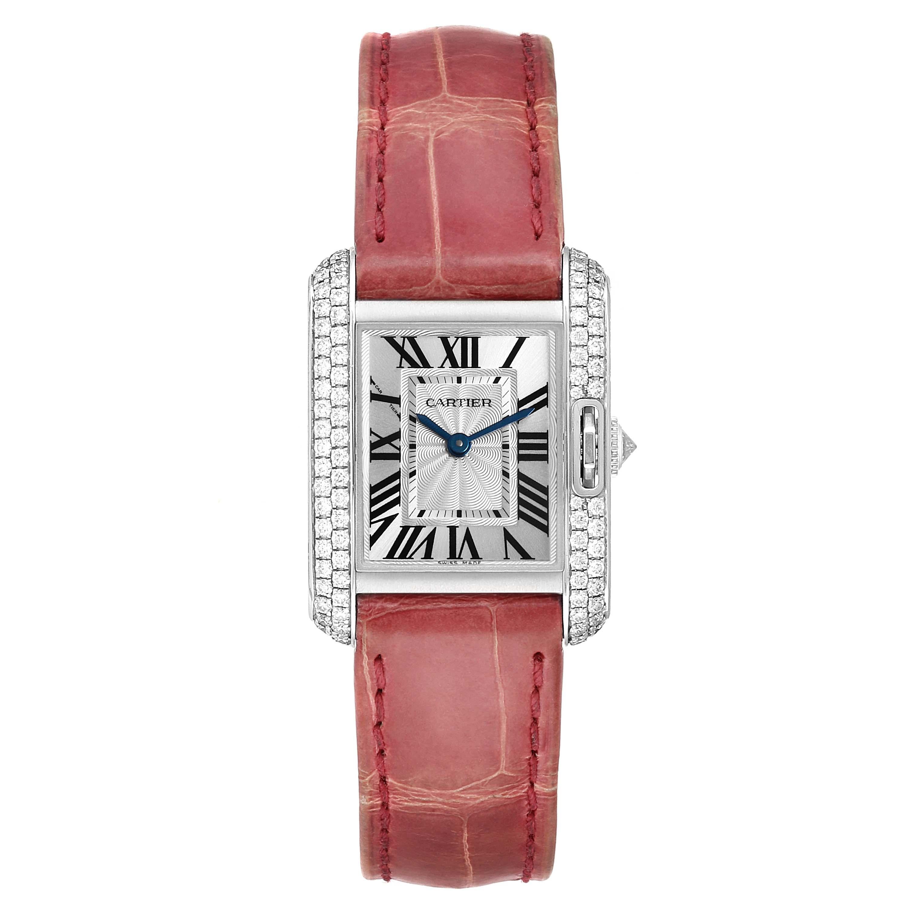 Cartier Tank Anglaise White Gold Diamond Ladies Watch WT100015 Box Papers. Quartz movement. 18K white gold case 30.2 x 22.7 mm. Circular grained crown set with the diamond. Original Cartier factory diamond bezel. Scratch resistant sapphire crystal.