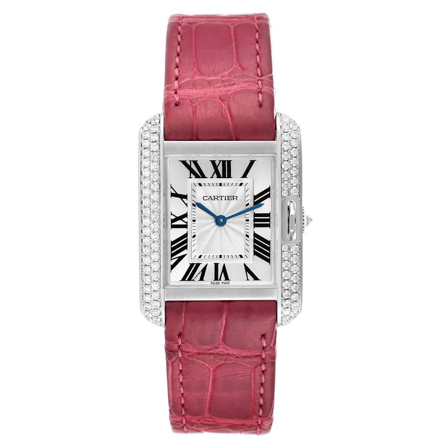 Cartier Tank Anglaise White Gold Diamond Ladies Watch WT100030. Quartz movement. 18K white gold case 34.7mm X 26.2mm with 2 rows of diamond on the sides. Circular grained crown set with the diamond. . Scratch resistant sapphire crystal. Silver