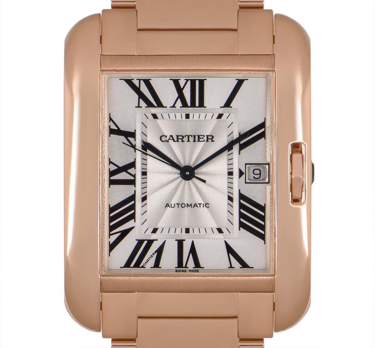 In excellent condition, a Tank Anglaise XL in rose gold by Cartier. The silver dial concealed with sapphire crystal features Roman numerals, sword-shaped hands in blued steel, a date display at 3 o'clock and a Cartier secret signature at V of VII. A