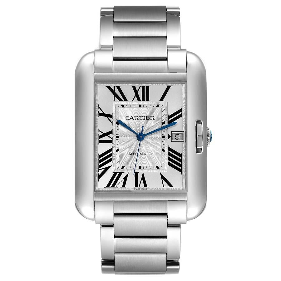 Cartier Tank Anglaise XL Steel Automatic Mens Watch W5310008 Box Papers. Automatic self-winding movement. Stainless steel case 47mm x 36.2 mm. Case thickness 9.82 mm. Crown set with a faceted blue spinel cabochon. . Scratch resistant sapphire