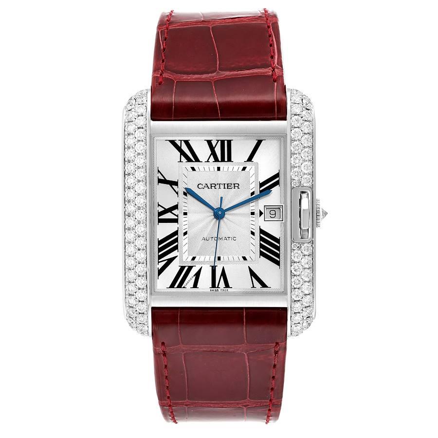 Cartier Tank Anglaise XL White Gold Diamond Mens Watch WT100023. Automatic self-winding movement. 18K white gold case 47 x 36.2 mm with 2 rows of diamond on the sides. Circular grained crown set with the diamond. Original Cartier factory diamond