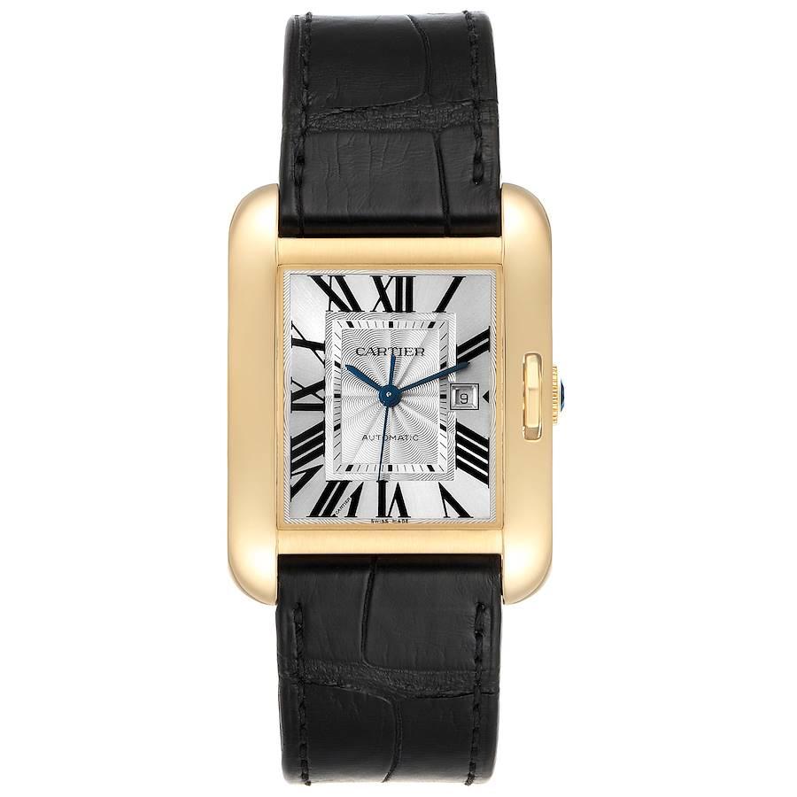 Cartier Tank Anglaise Yellow Gold Ladies Watch W5310030 Box Papers. Automatic self-winding movement. 18K yellow gold case 39 x 30 mm. Circular grained crown set with the blue sapphire. . Scratch resistant sapphire crystal. Silver guilloche dial with