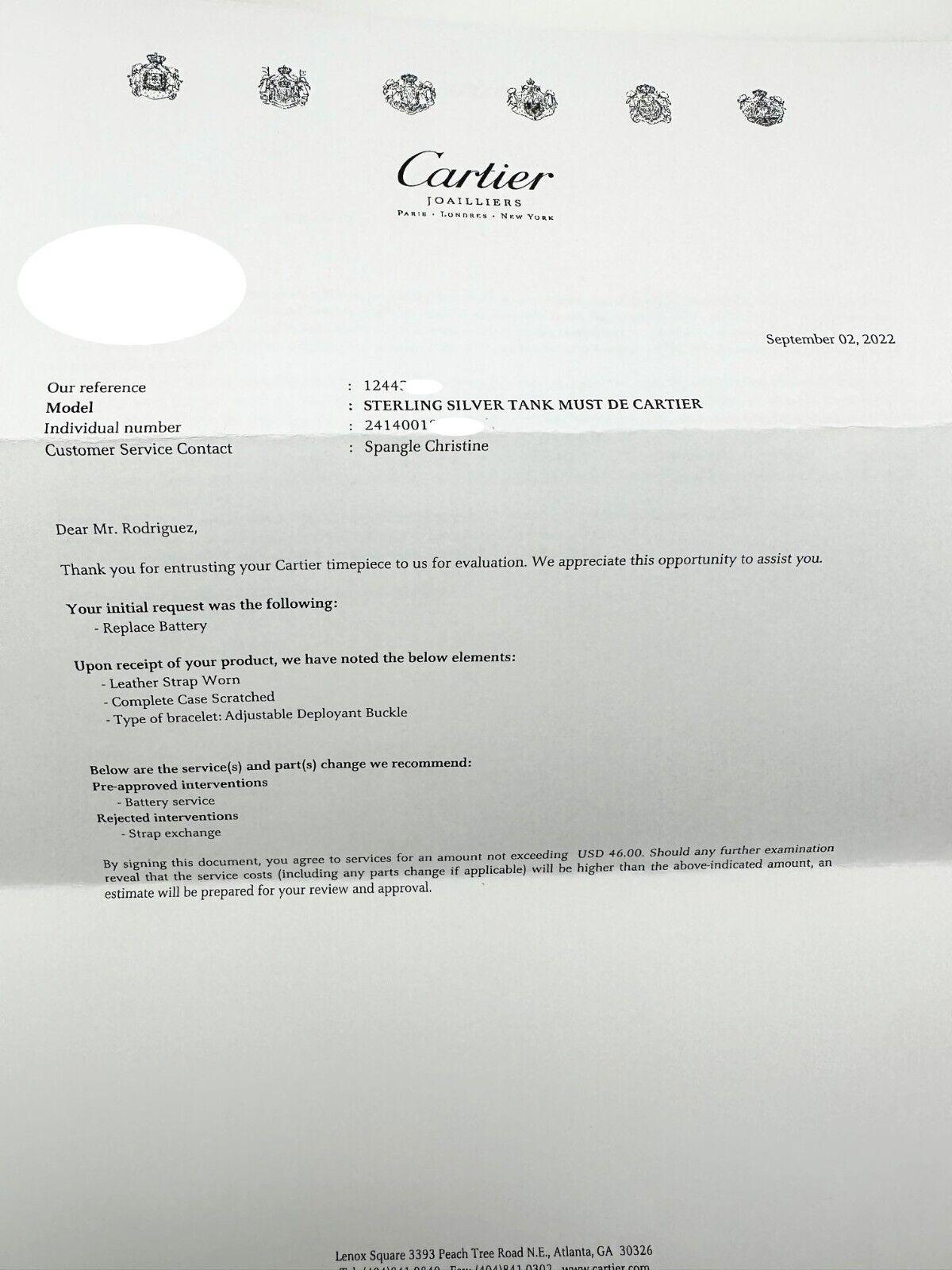 Cartier Tank Argent Must de Cartier Ref 2414 Sterling Silver Box Service Receipt 2