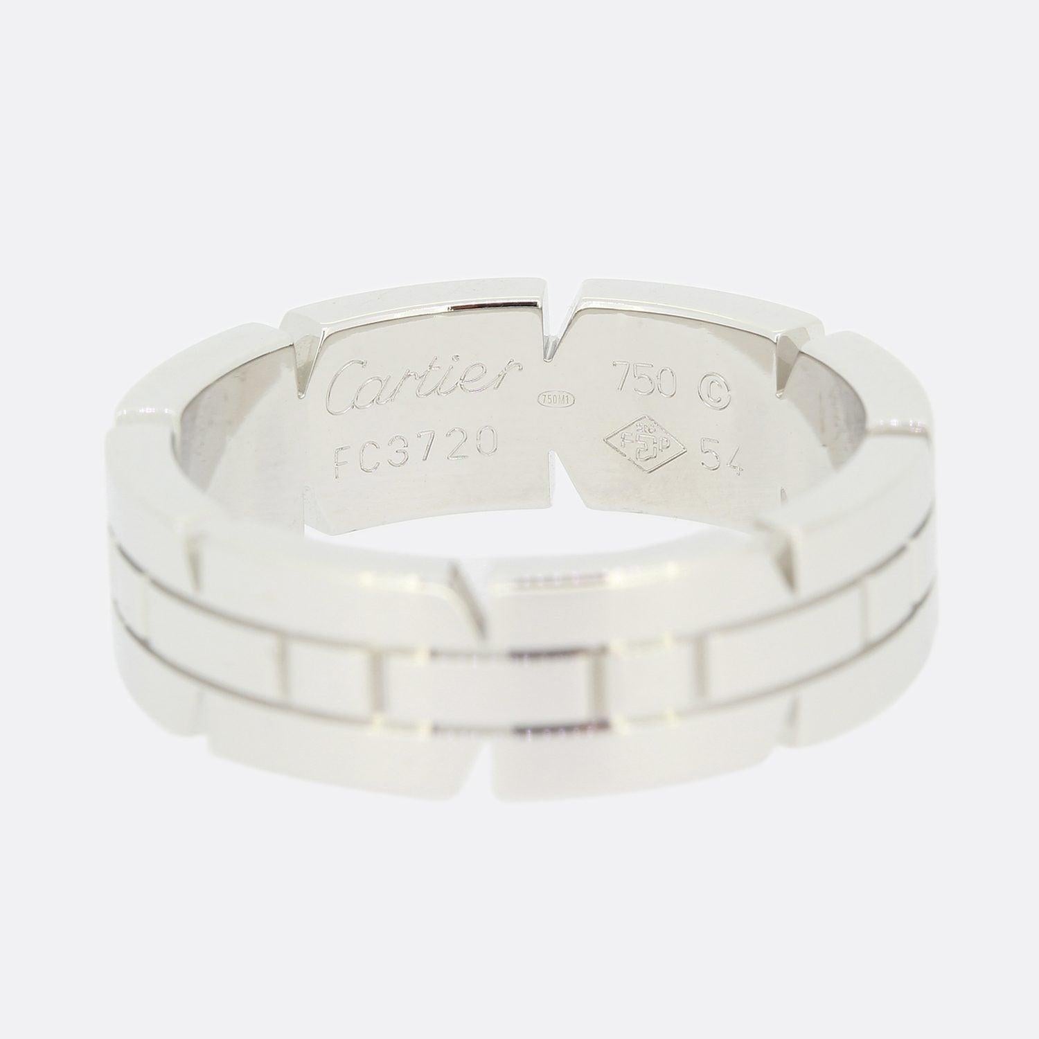 This is a beautiful ring from Cartier's world renowned 'Tank Francaise' collection. The band measures 6mm in thickness and has been crafted in 18ct white gold.

Condition: Used (Very Good)
Weight: 9.6 grams
Size: N (54)
Band Width: 6.0mm
Marked: