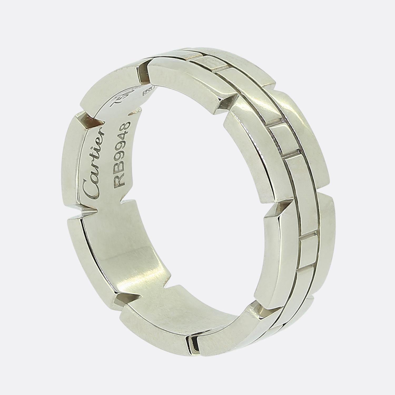 This is a beautiful ring from Cartier's world renowned 'Tank Francaise' collection. The band measures 6mm in thickness and has been crafted in 18ct white gold. 

Condition: Used (Excellent) - Professionally polished to appear brand new
Weight: 9.8