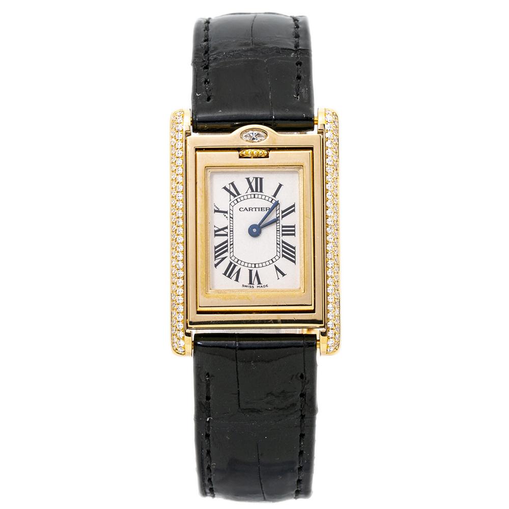 Cartier Tank Basculante 2480 Factory Diamond 18K Gold Ladies Box&Papers For Sale