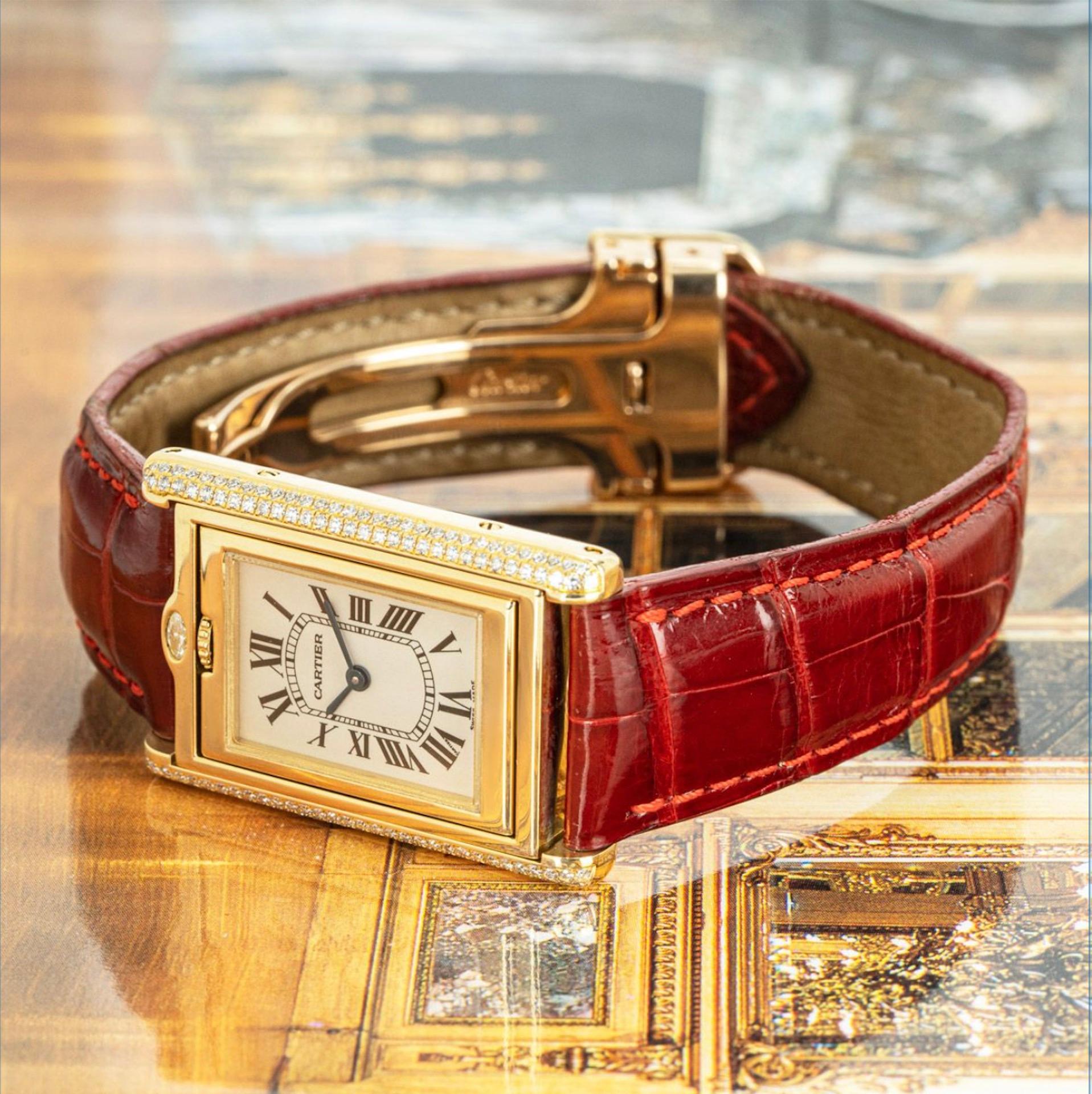 Cartier Tank Basculante Diamond Yellow Gold Watch In Excellent Condition In London, GB