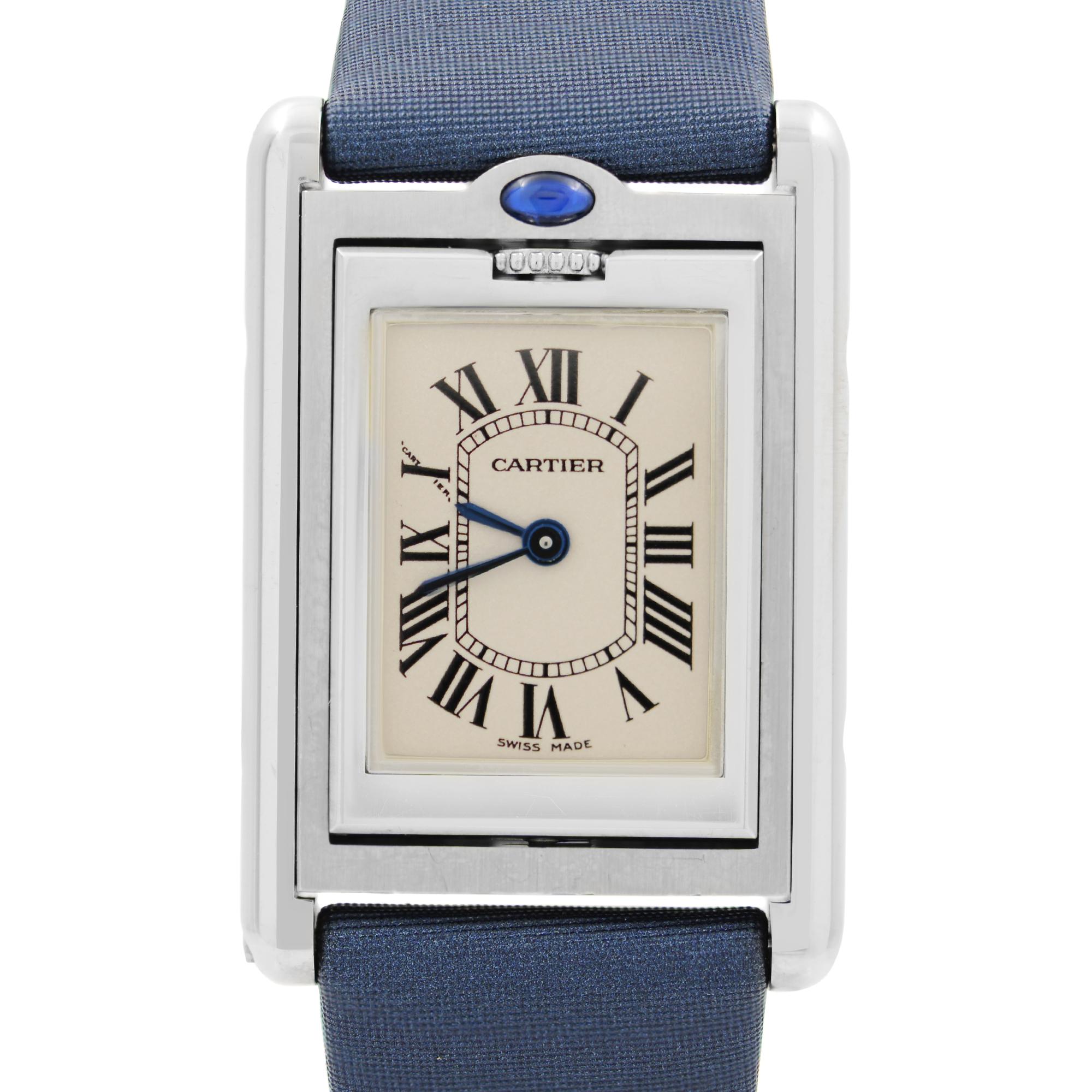 Pre-owned Cartier Tank Basculante Steel Reversible Case Cream Dial Ladies Watch W1011158. Brand New Cartier band. No Original Box and Papers are Included. Comes with Chronostore Presentation Box and Authenticity Card. Covered by 1-year Chronostore