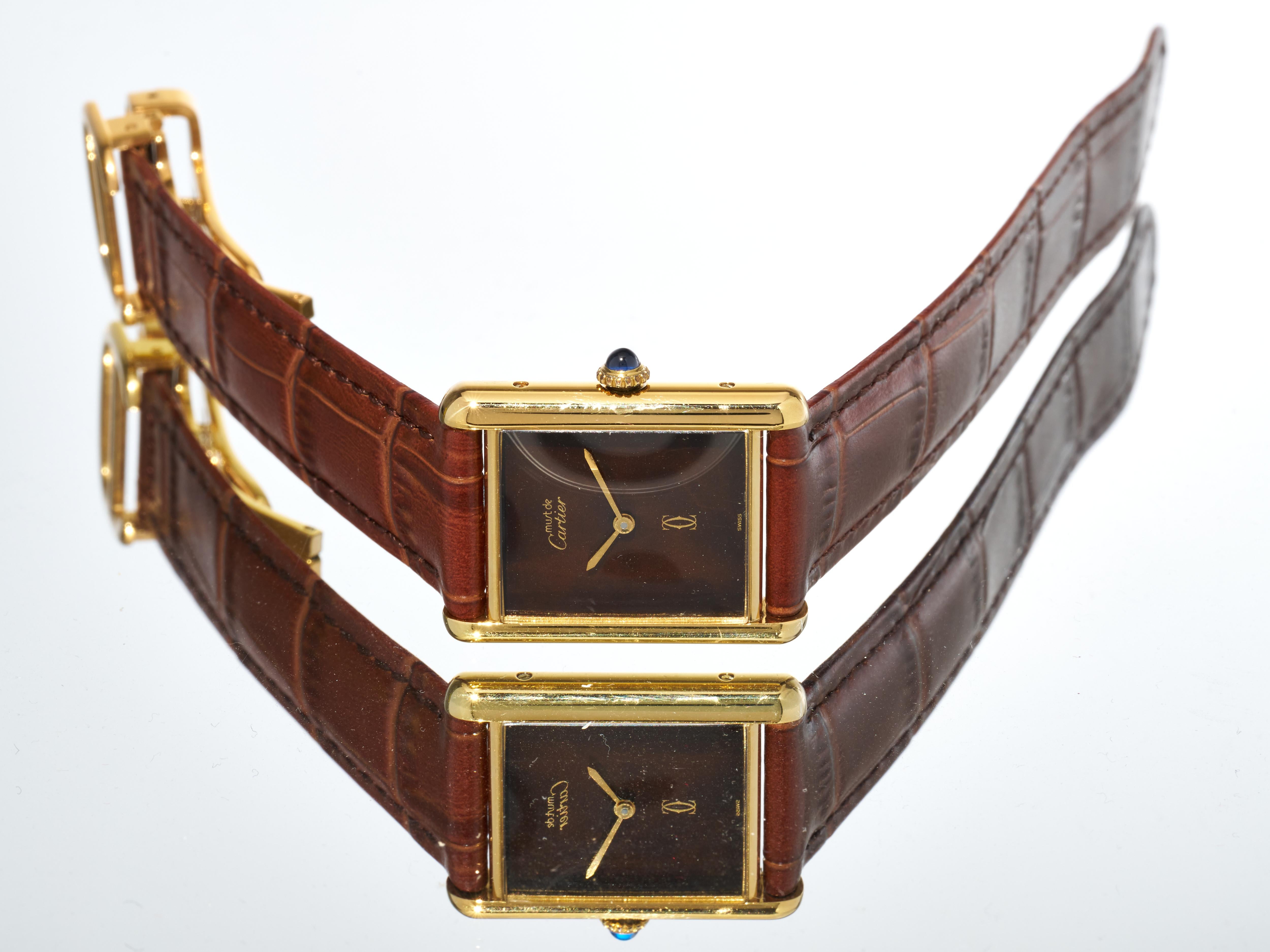 Cartier Tank Burgundy Spider Dial 23mm Must de 18K Gold on Silver Unisex Watch For Sale 6