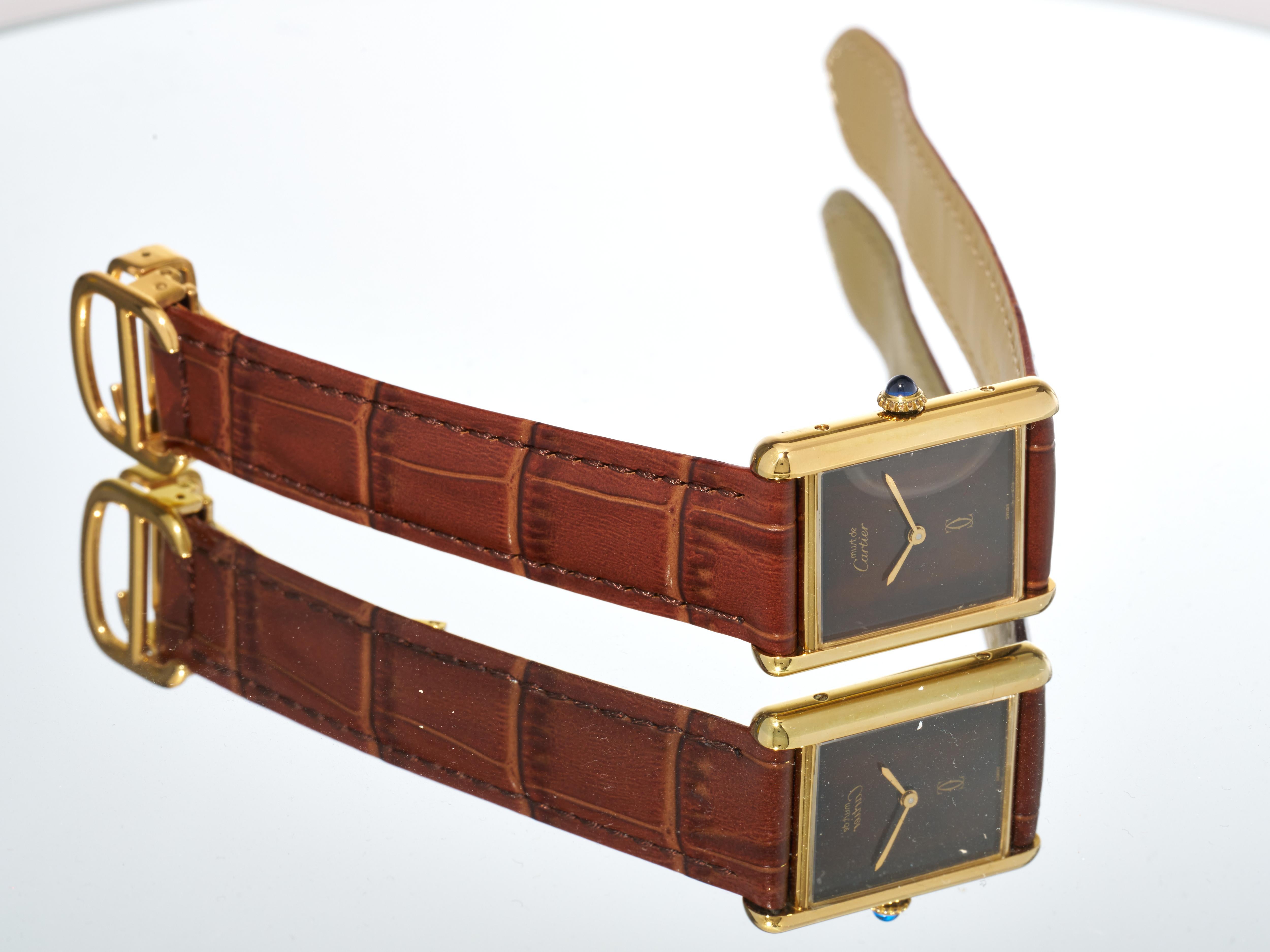 Cartier Tank Burgundy Spider Dial 23mm Must de 18K Gold on Silver Unisex Watch For Sale 7