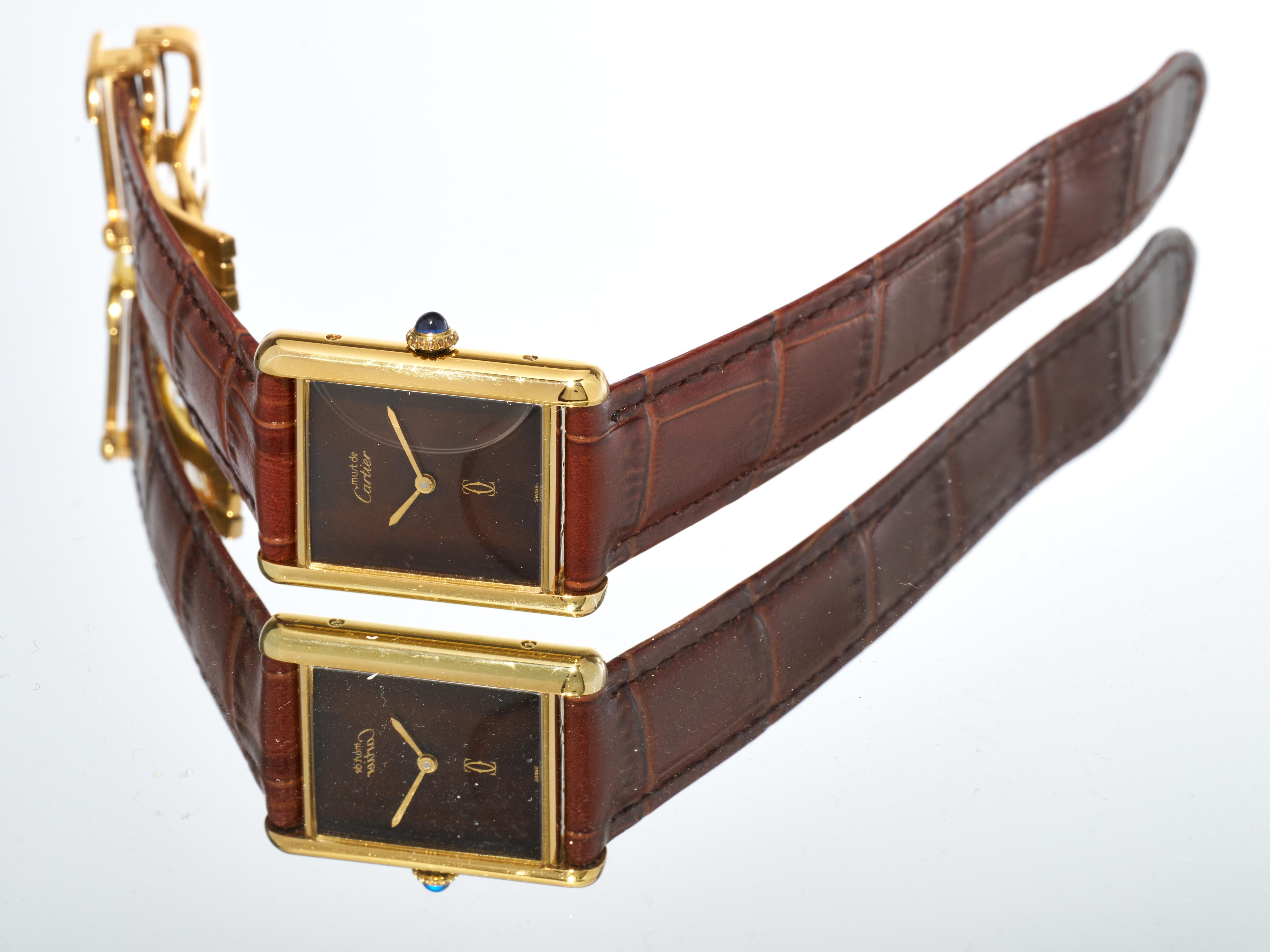 Cartier Tank Burgundy Spider Dial 23mm Must de 18K Gold on Silver Unisex Watch For Sale 11