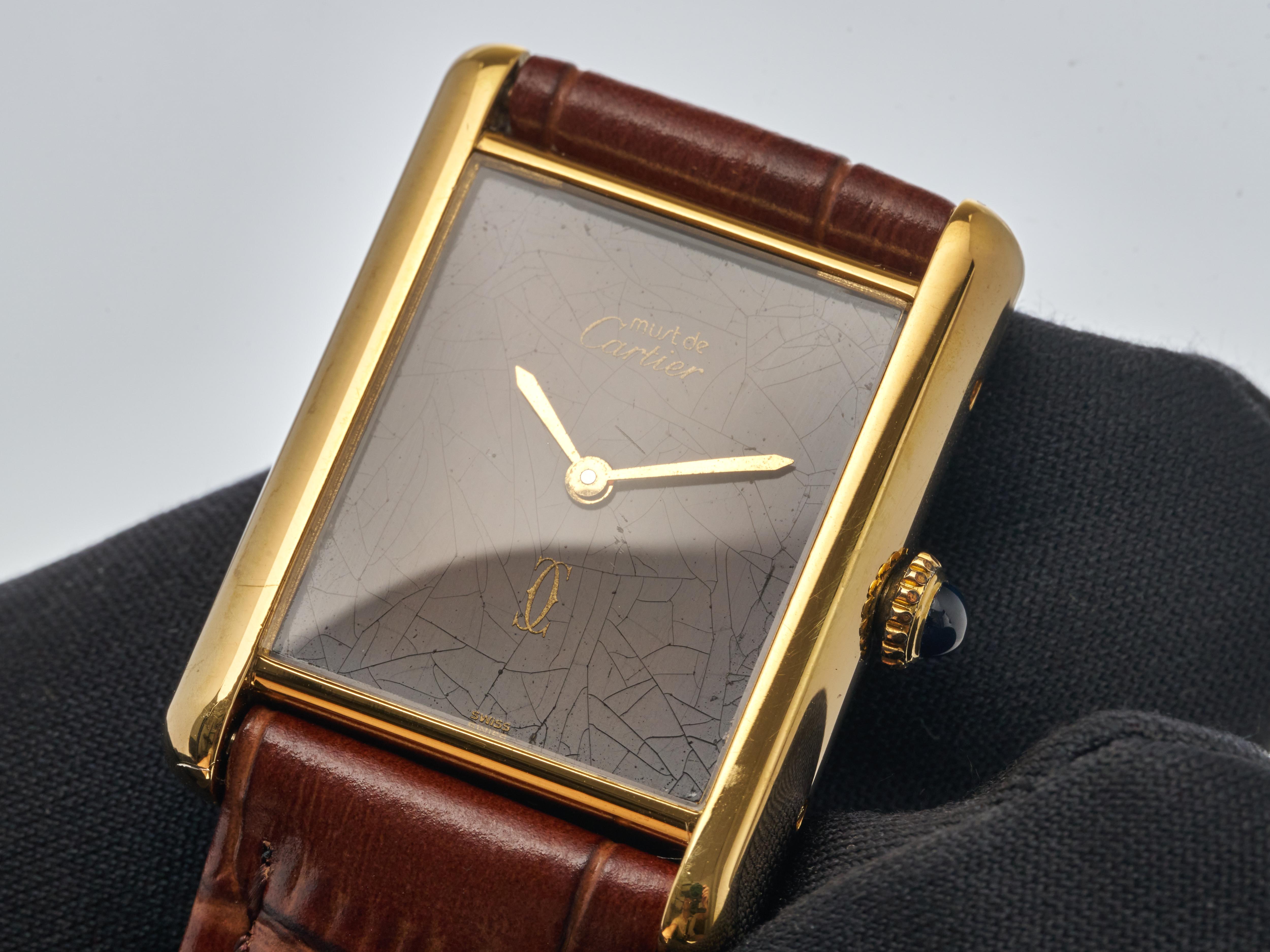 Cartier Tank Burgundy Spider Dial 23mm Must de 18K Gold on Silver Unisex Watch For Sale 12