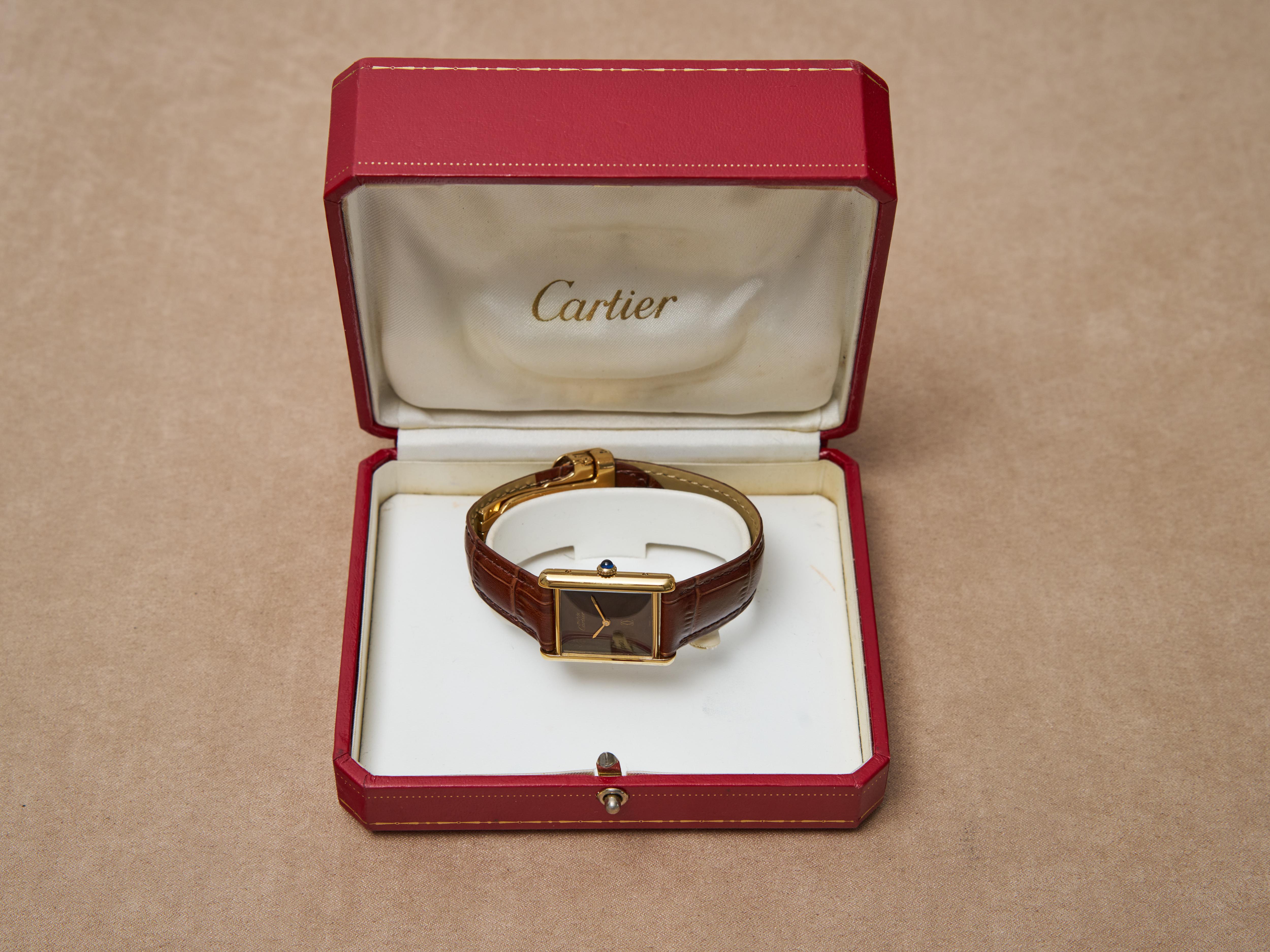 Cartier Tank Burgundy Spider Dial 23mm Must de 18K Gold on Silver Unisex Watch For Sale 13