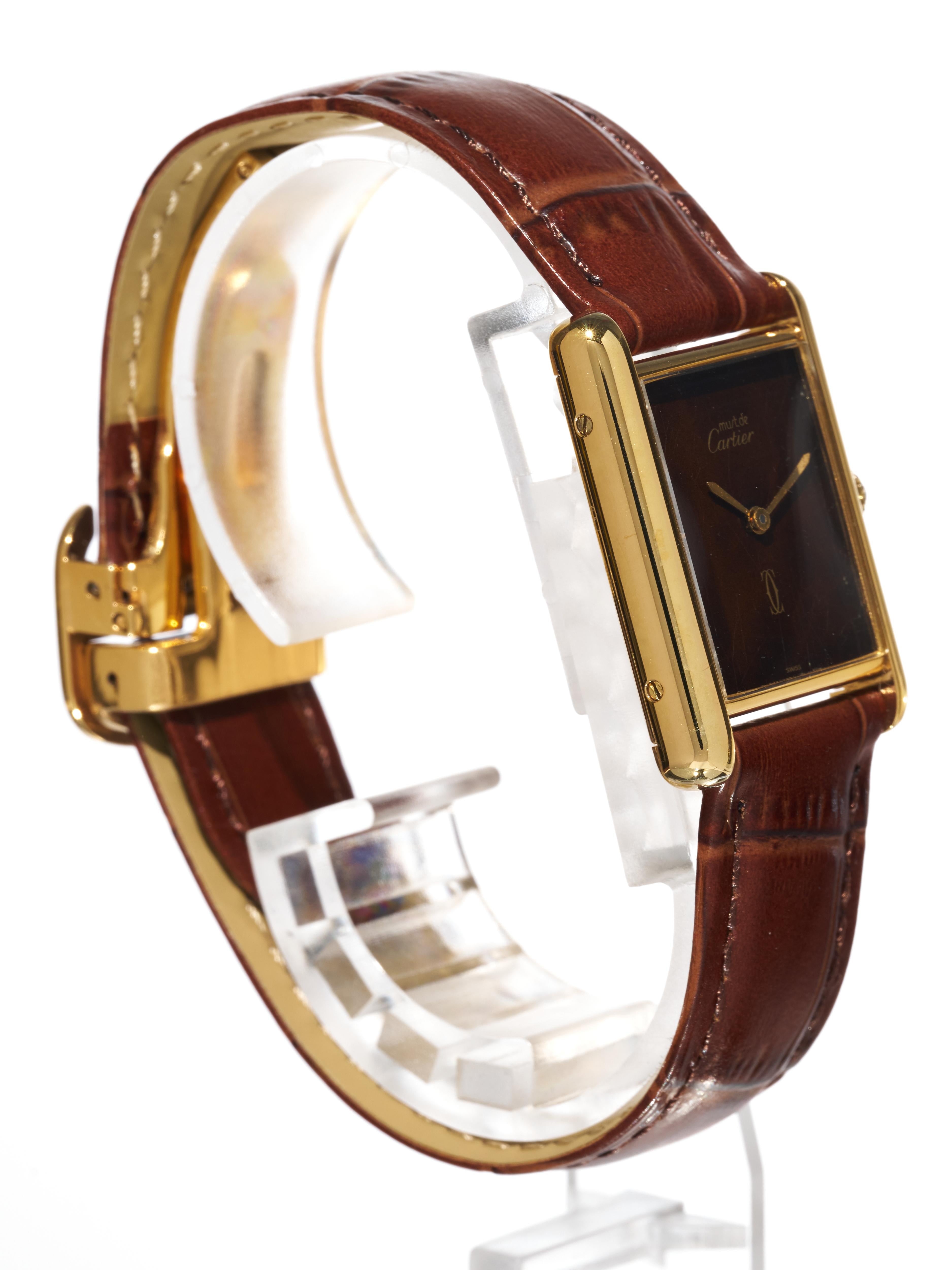 Art Deco Cartier Tank Burgundy Spider Dial 23mm Must de 18K Gold on Silver Unisex Watch For Sale