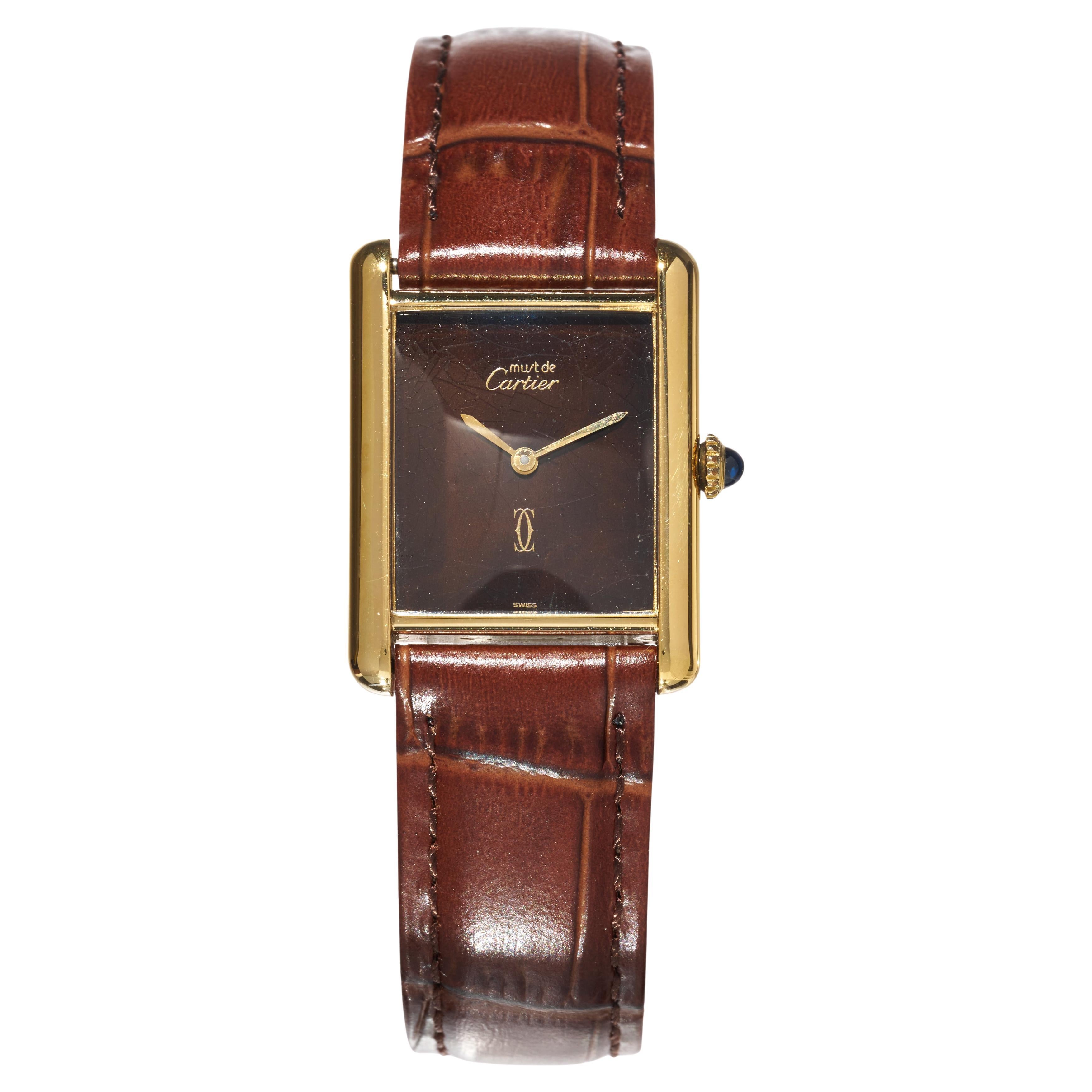 Cartier Tank Burgundy Spider Dial 23mm Must de 18K Gold on Silver Unisex Watch For Sale