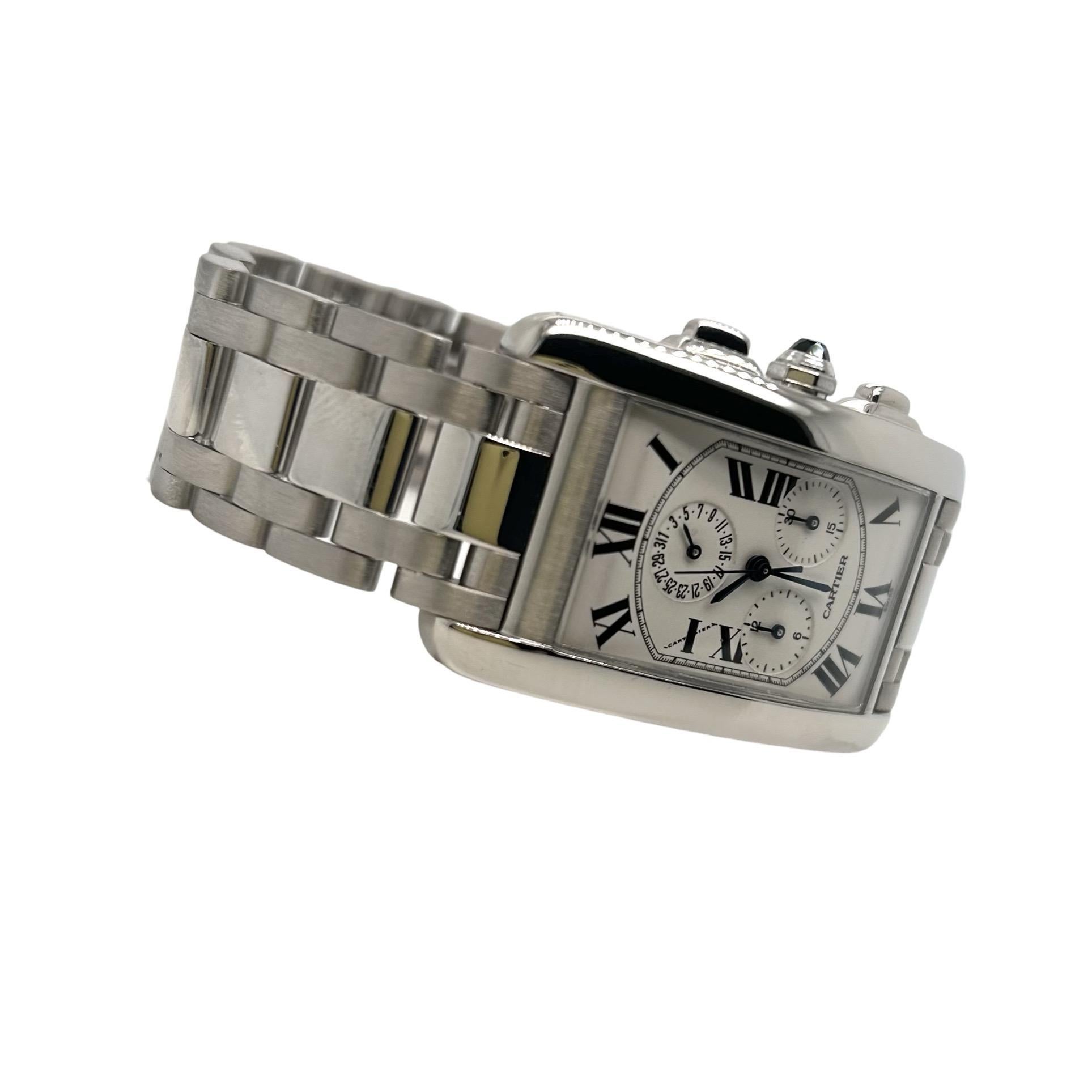 Brand: Cartier
Model Name: Tank Chronoflex
Model Number: 2312
Movement: Quartz
Case Size 27 x 45 mm
Case Material: 18k White Gold
Case Shape: Rectangle
Bezel: Fixed, 18k White Gold set with Sapphire Cabochon
Dial: White with Black Roman Numerals,
