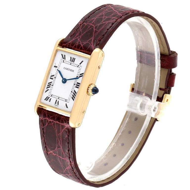 Cartier Tank Classic Paris 18 Karat Yellow Gold Burgundy Strap Ladies Watch For Sale At 1stdibs