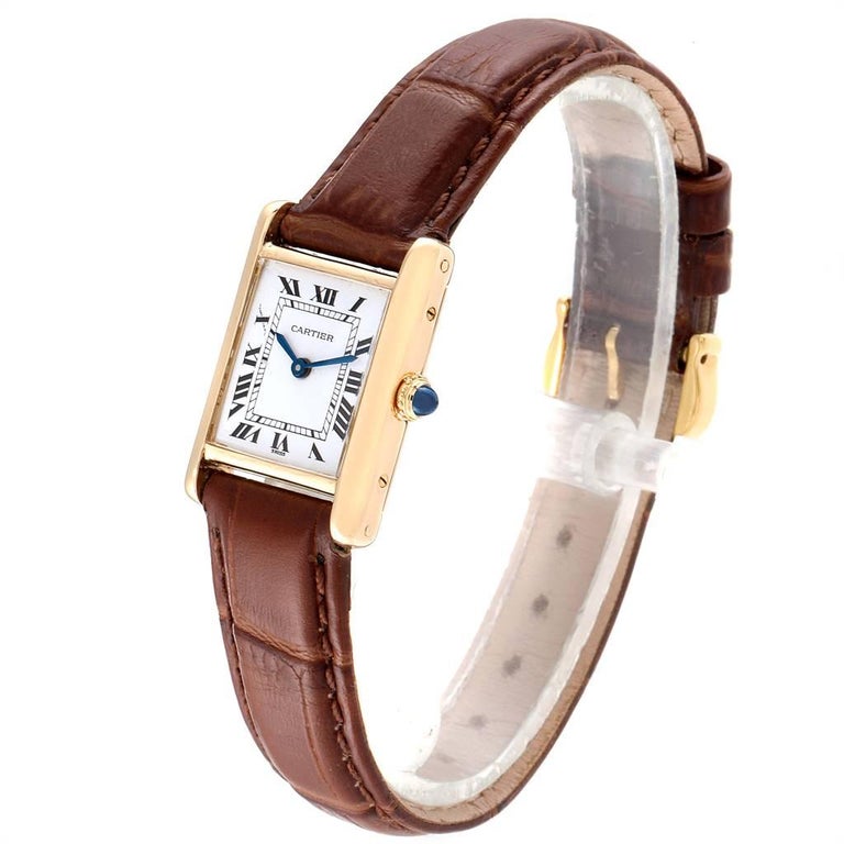 Cartier Tank Classic Paris 18 Karat Yellow Gold Brown Strap Ladies Watch For Sale At 1stdibs