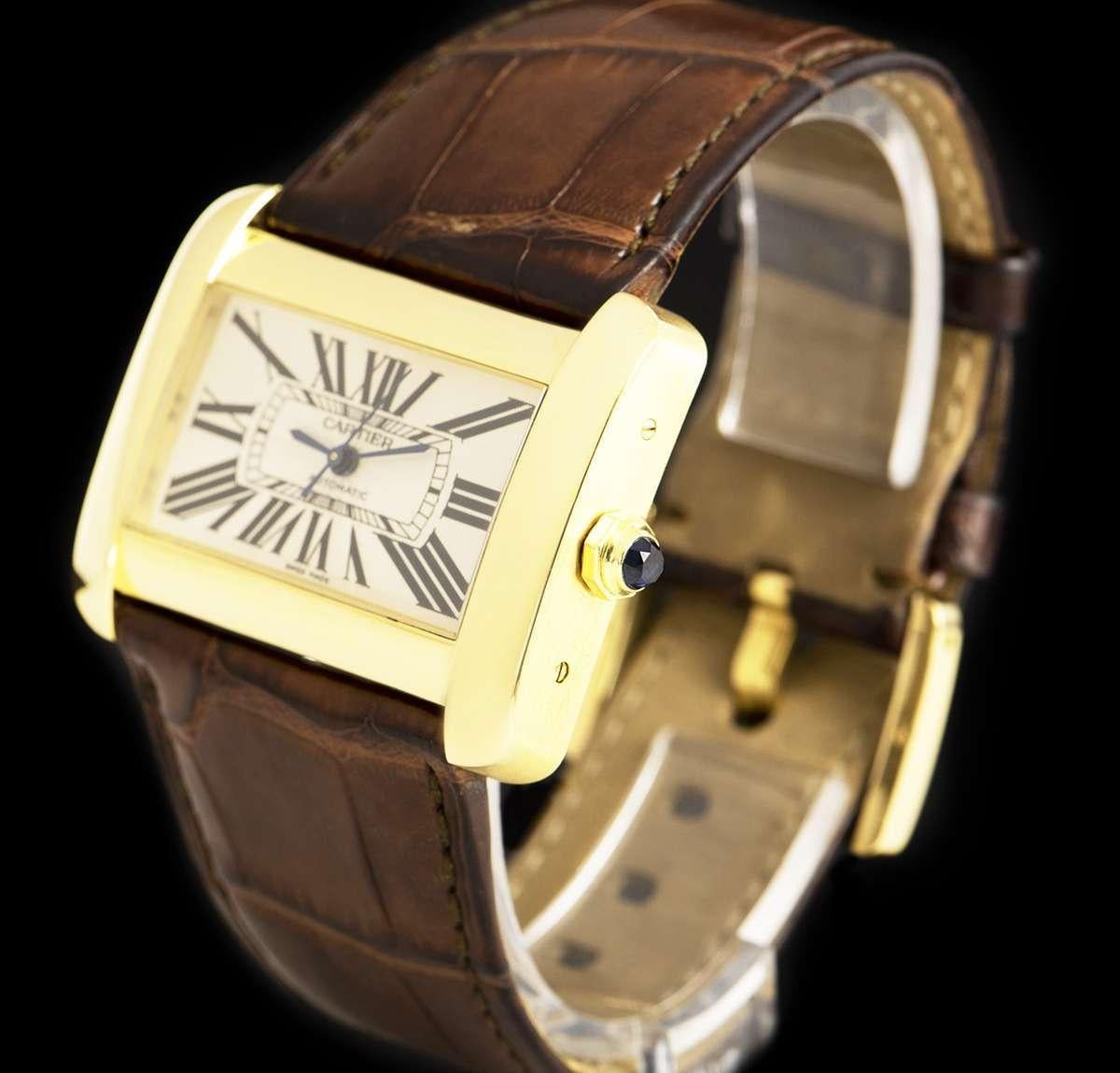 An 18k Yellow Gold Tank Divan Gents Wristwatch, silver guilloche dial with roman numerals and a secret signature at 