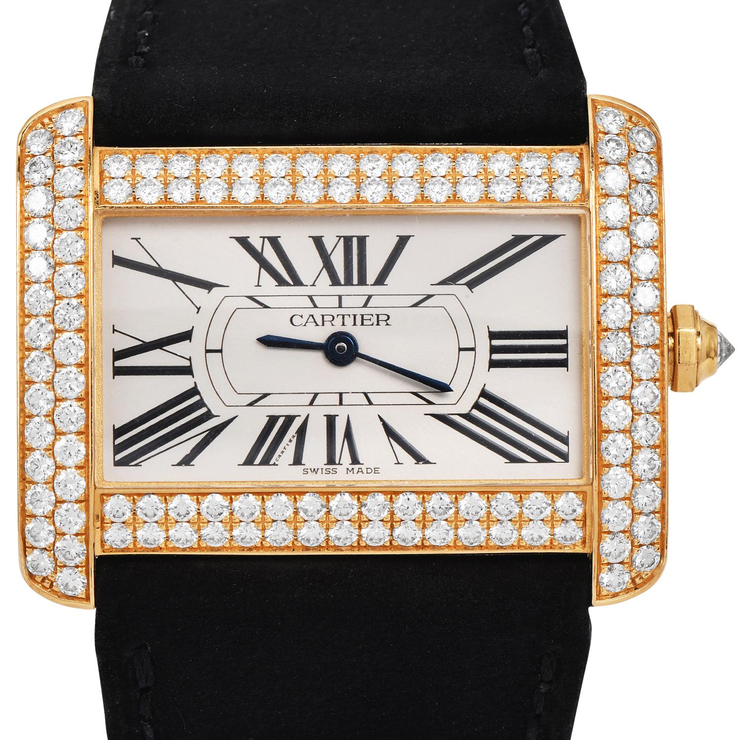Cartier: 18 Karat Gelbgold Uhr Tank Divan 2602 mit Diamantbesatz und Diamantenbesatz (Rundschliff) im Angebot