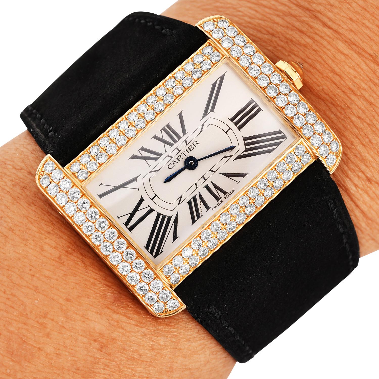 Cartier: 18 Karat Gelbgold Uhr Tank Divan 2602 mit Diamantbesatz und Diamantenbesatz im Angebot 3