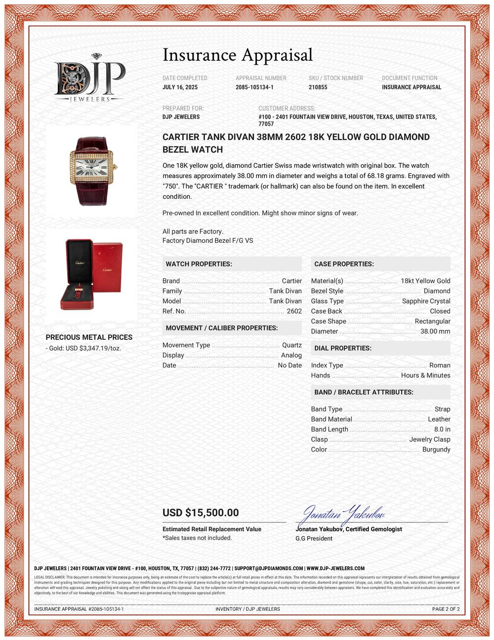 Orologio Cartier Tank Divan 38MM 2602 in oro giallo 18 carati con lunetta di diamanti in vendita 6