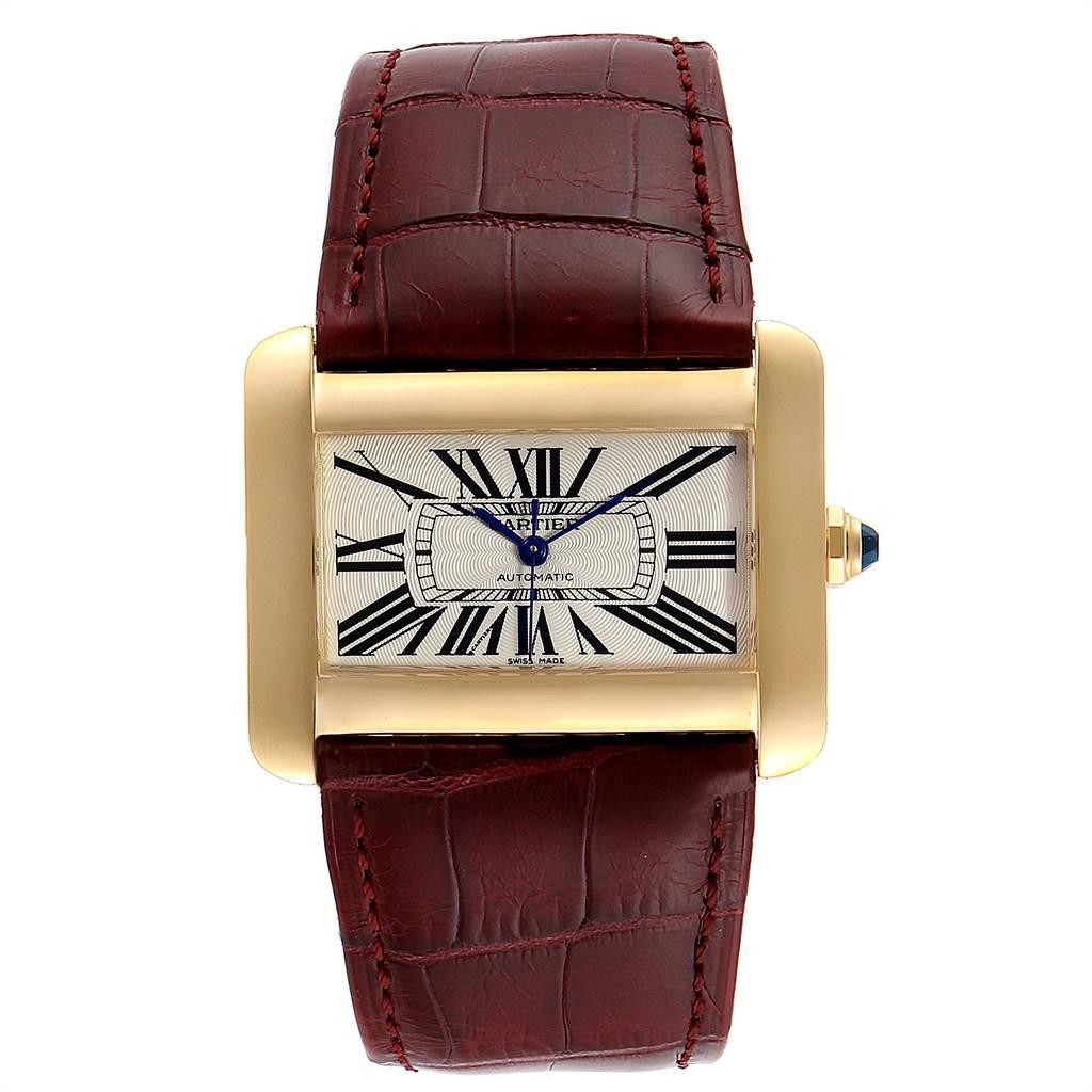 Cartier Tank Divan Large Silver Dial Yellow Gold Ladies Watch W6300856. Automatic self-winding movement. 18K yellow gold case 38.0 x 30.0 mm. Circular grained crown set with the faceted sapphire. 18K yellow gold bezel. Scratch resistant sapphire