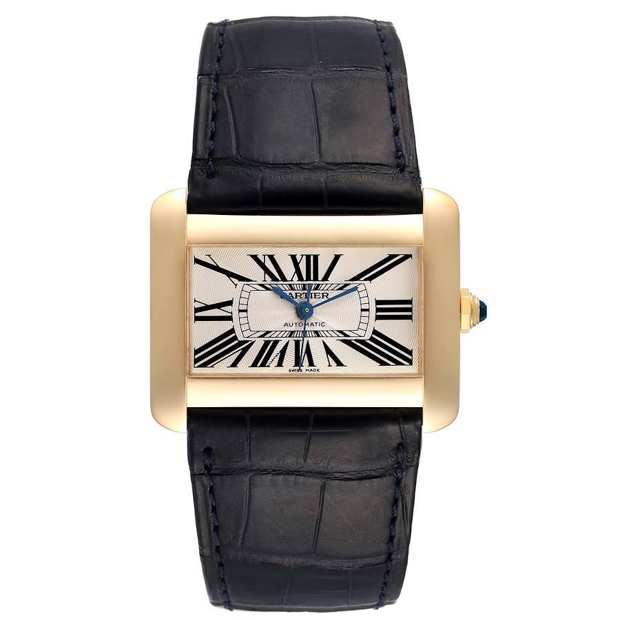 Cartier Tank Divan Large Silver Dial Yellow Gold Ladies Watch W6300856. Automatic self-winding movement. 18K yellow gold case 38.0 x 30.0 mm. Circular grained crown set with the faceted sapphire. 18K yellow gold bezel. Scratch resistant sapphire