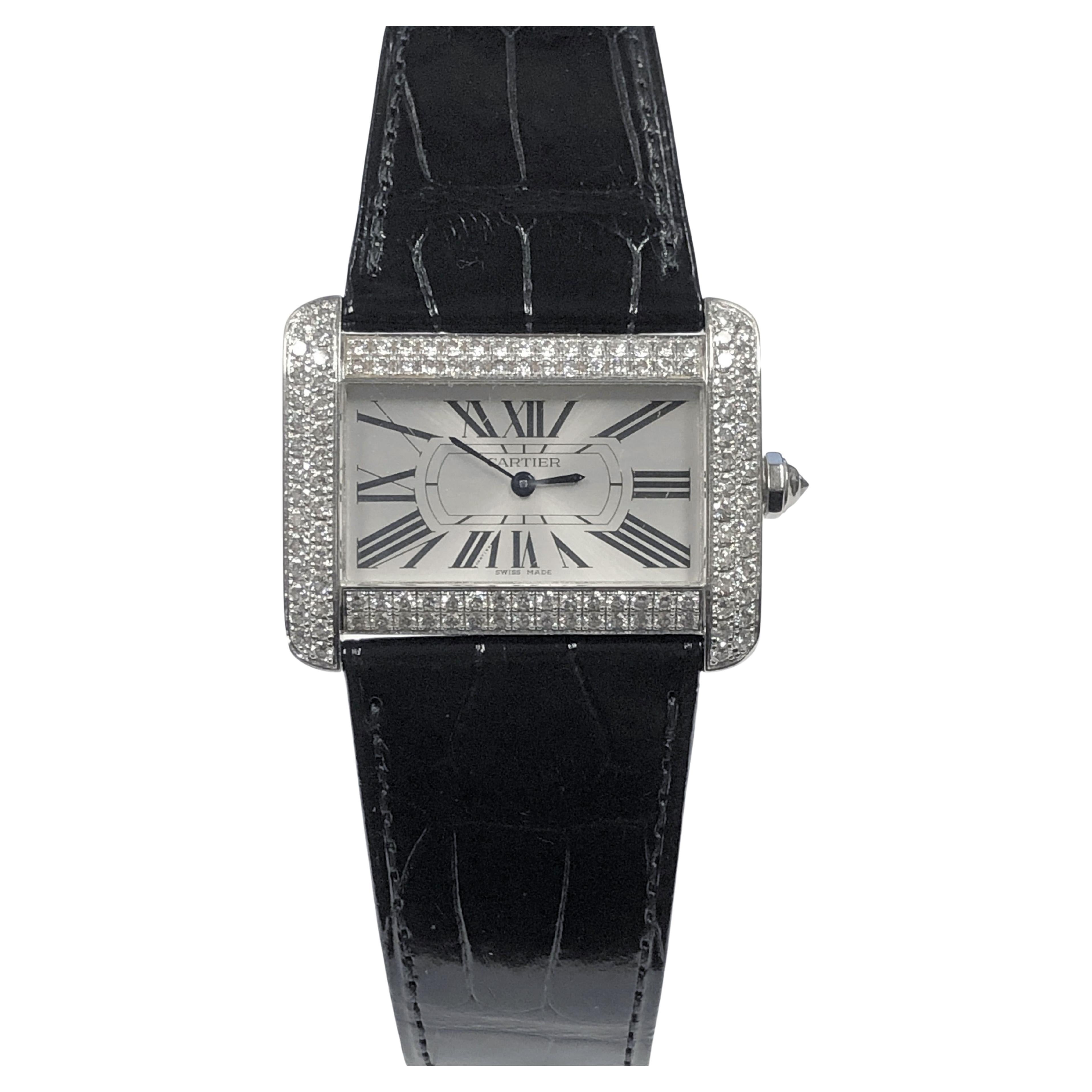 Cartier Tank Divan Large White Gold Diamonds and Pearl Dial Wrist Watch For Sale