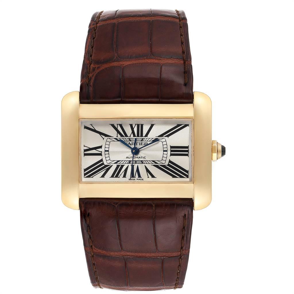 Cartier Tank Divan Large Yellow Gold Ladies Watch W6300856 Box Papers. Automatic self-winding movement. 18K yellow gold case 38.0 x 30.0 mm. Circular grained crown set with the faceted sapphire. 18K yellow gold bezel. Scratch resistant sapphire