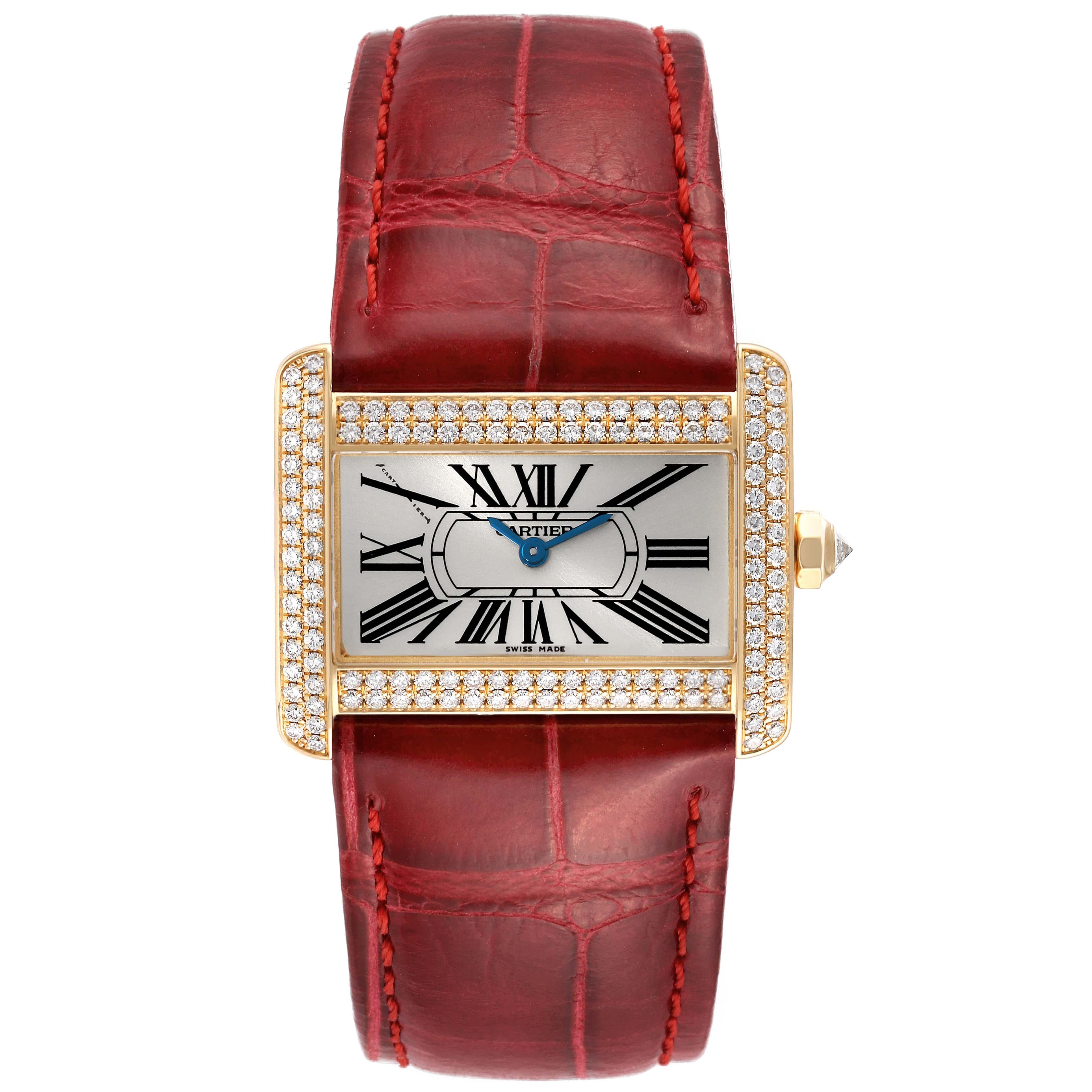 Cartier Tank Divan Mini Yellow Gold Diamond Ladies Watch WA301071. Quartz movement. 18K yellow gold case 31.5 x 25.0 mm. Case set with two rows of original Cartier factory diamonds. Octagonal crown set with an original Cartier factory diamond. 18K