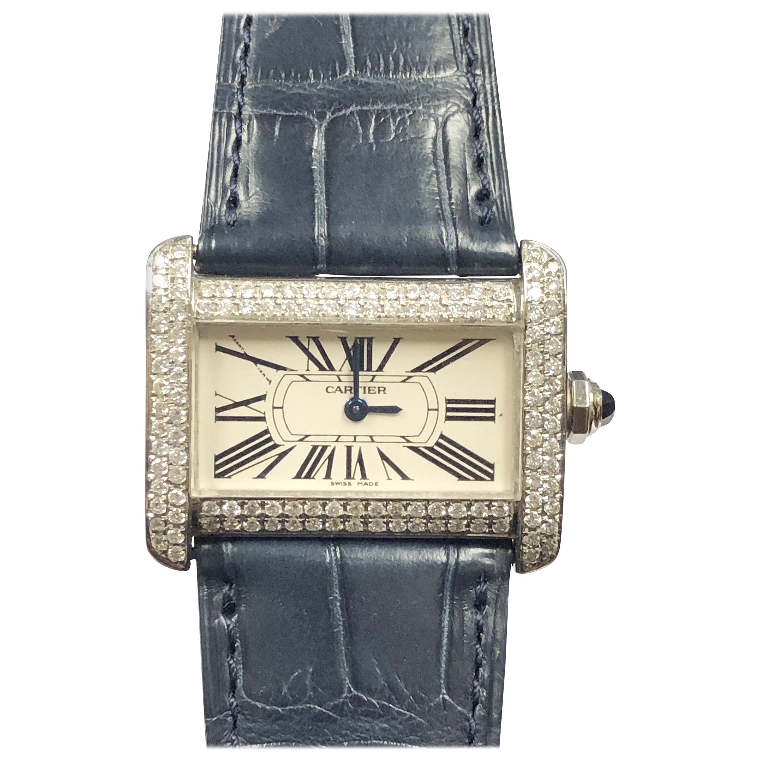 Montre-bracelet Cartier Tank Divan en acier et quartz serti de diamants en vente