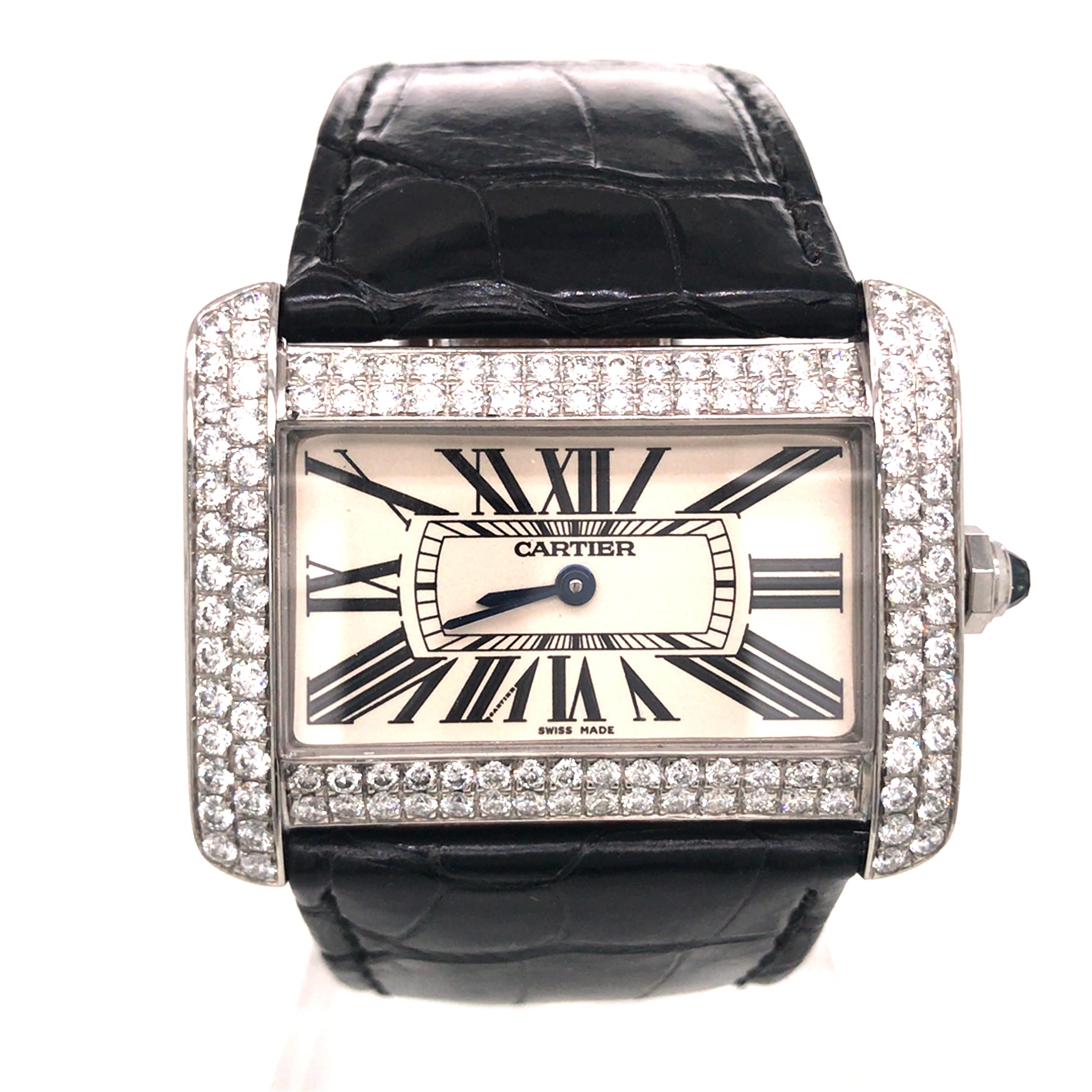 Cartier Tank Divan XL Watch After-Market Diamond Bezel. Round Brilliant Cut Diamonds weighing 2.82 carat total weight, G-H in color and VS-SI in clarity are expertly set.