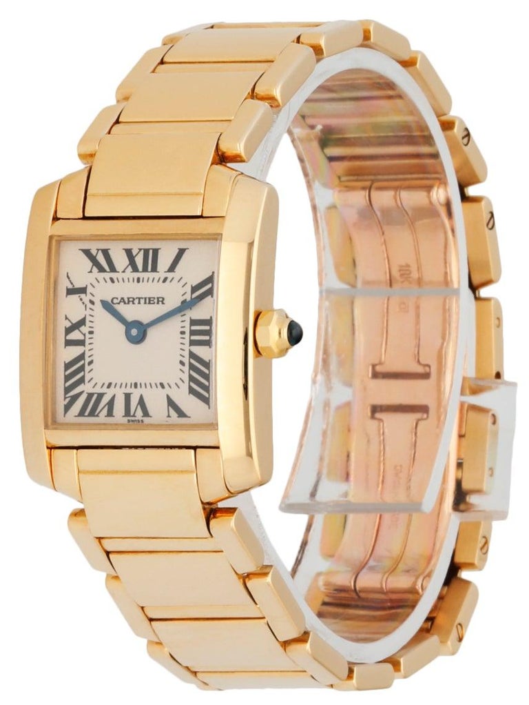 Cartier Tank Francaise 1820 Ladies Watch. 20mm 18k Yellow gold case. 18K Yellow Gold smooth bezel. Off White dial with Blue steel hands and Roman numeral hour markers. Minute markers on the inner dial. 18K Yellow Gold Bracelet with Butterfly Clasp.