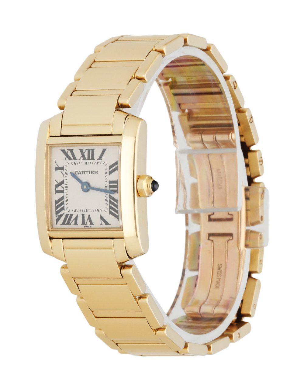 Cartier Tank Francaise 1820 Yellow Gold Ladies Watch. 20mm 18k Yellow Gold case with 18K Yellow Gold smooth bezel. Off-White dial with Blue steel hands and Roman numeral hour markers. Minute markers on the inner dial. 18K Yellow Gold Bracelet with