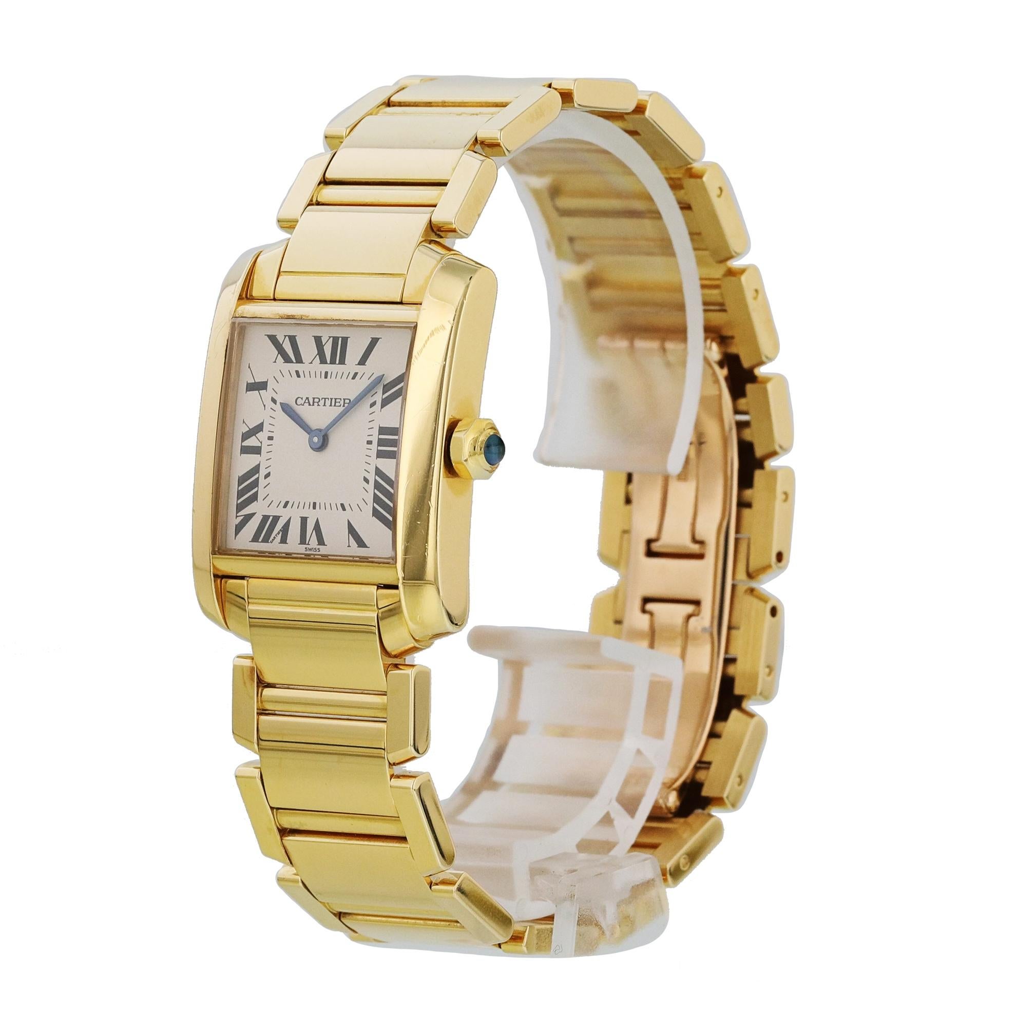 Cartier Tank Francaise 1821 Ladies Watch. 
25mm 18k Yellow Gold case. 
Yellow Gold bezel. 
White dial with Blue steel hands and roman numeral hour markers. 
Minute markers on the inner dial. 
18k Yellow Gold Bracelet with Butterfly Clasp. 
Will fit