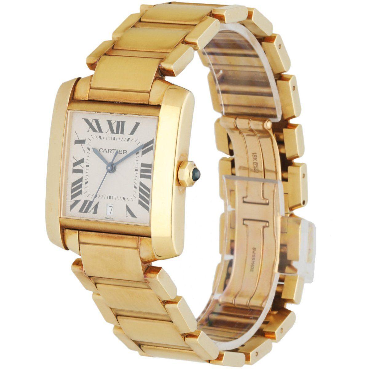 Cartier Tank Francaise 1840 Watch. 28mm 18K yellow gold case with smooth bezel. Off-White dial with blue steel hands and black roman numeral hour markers. Date display at the 6 o'clock position. Minute markers around the inner dial. 18K Yellow gold