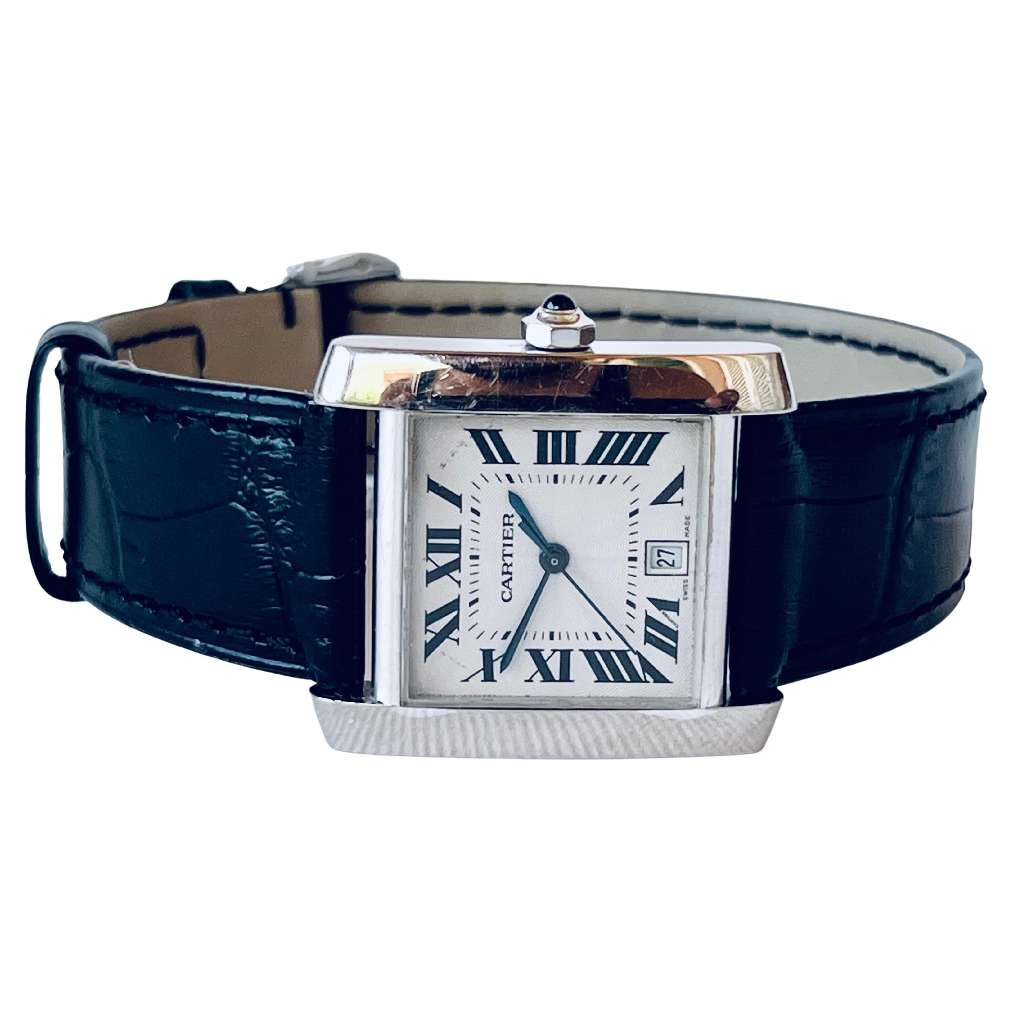  Cartier Tank Française 18K White Gold 2366 Automatic Date Watch   For Sale