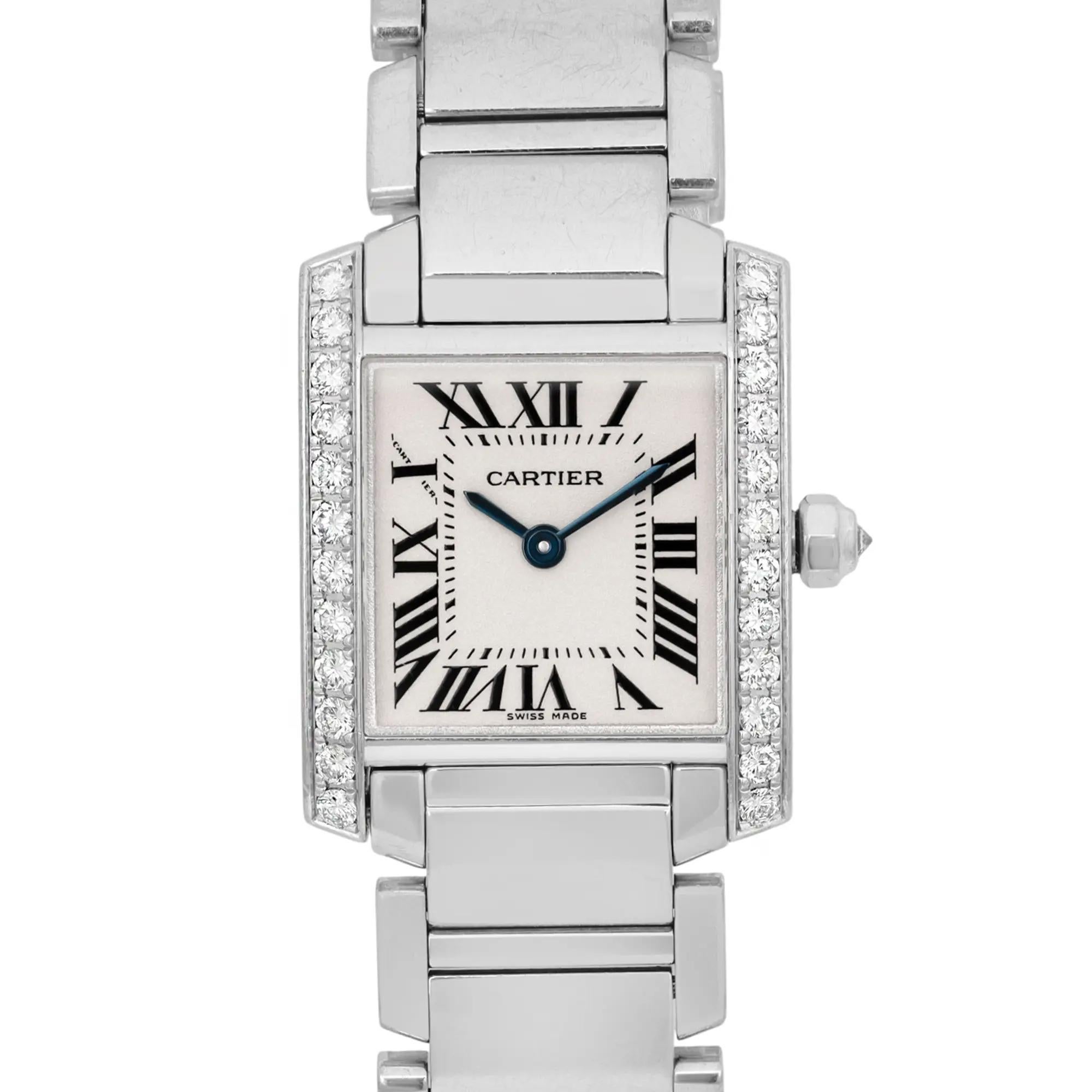 Pre-owned in excellent condition.

Brand: Cartier

Model Name: Tank Française

Model Number: WE1002S3

Type: Wristwatch

Department: Women

Style: Luxury

Country/Region of Manufacture: Switzerland

Customized: No

Movement & Display
Movement: