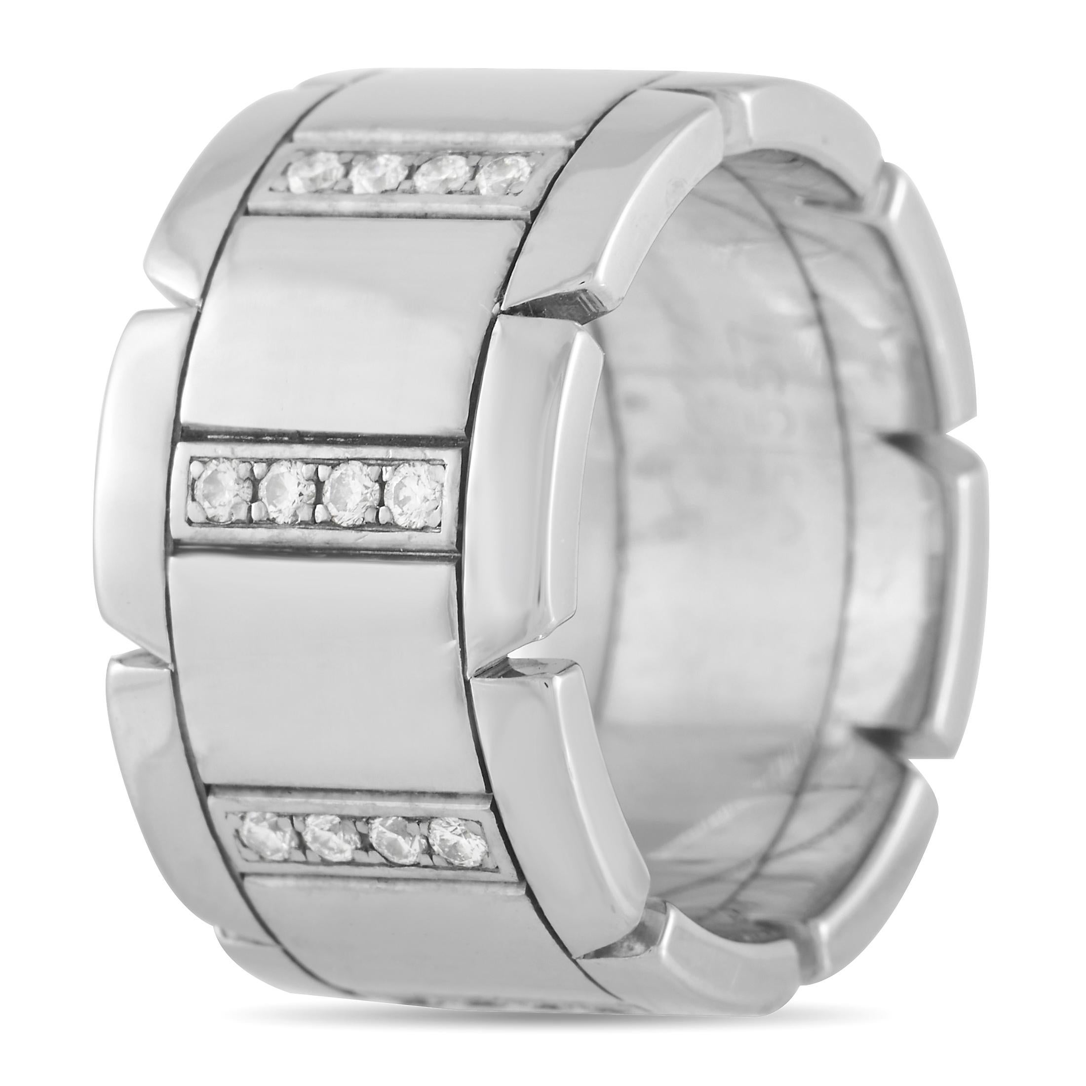 This Cartier Tank Francaise Band Ring is an exceptional piece that upholds the luxury brand’s commitment to excellence. The creative 18K White Gold setting measures 10mm wide and includes minimalist notches throughout for added visual interest. But