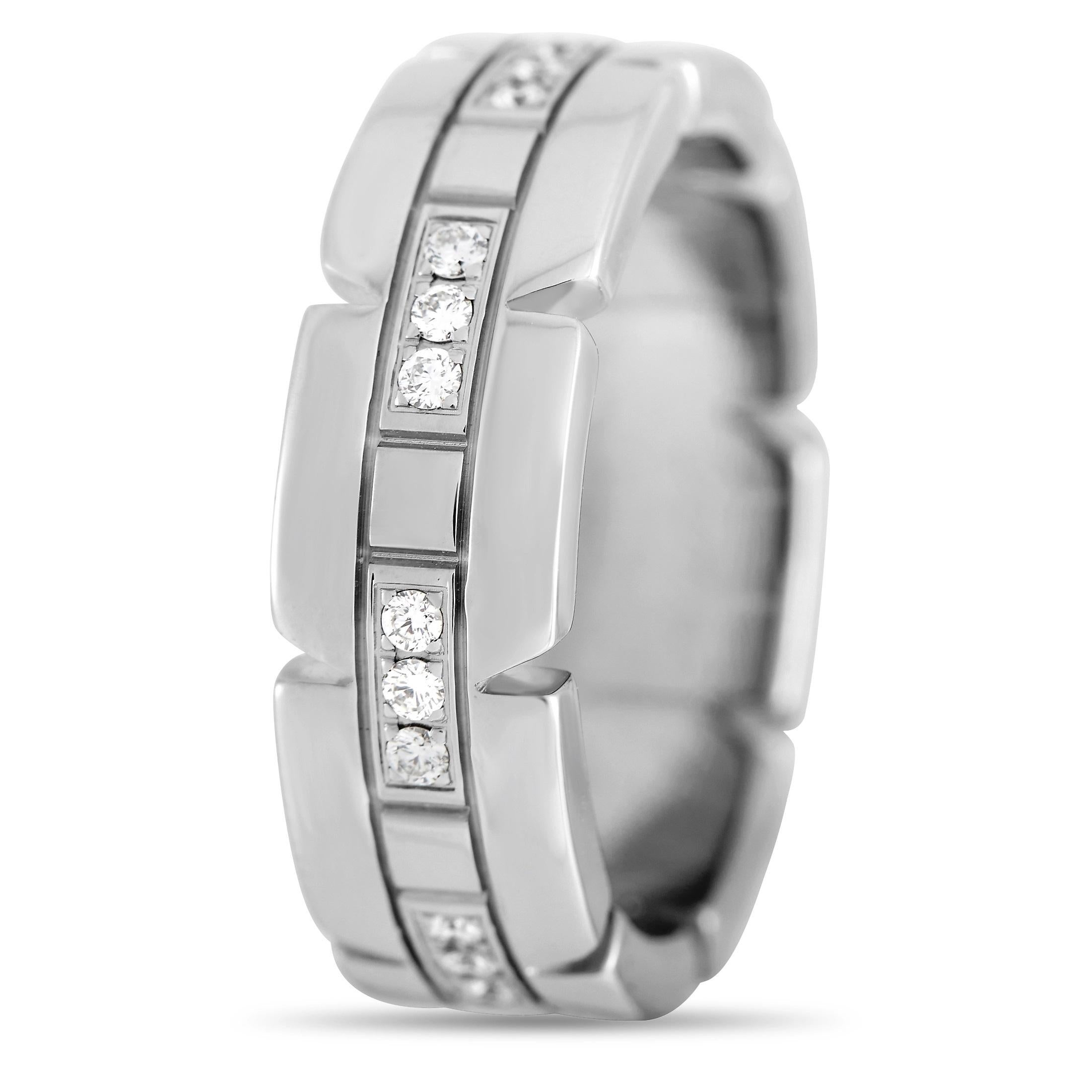 There’s something timeless about this elegant Cartier Tank Francaise ring. This sleek, sophisticated band ring measures 6mm wide and is elevated by the presence of sparkling inset diamonds. Notched edges around the perimeter of the band make it even