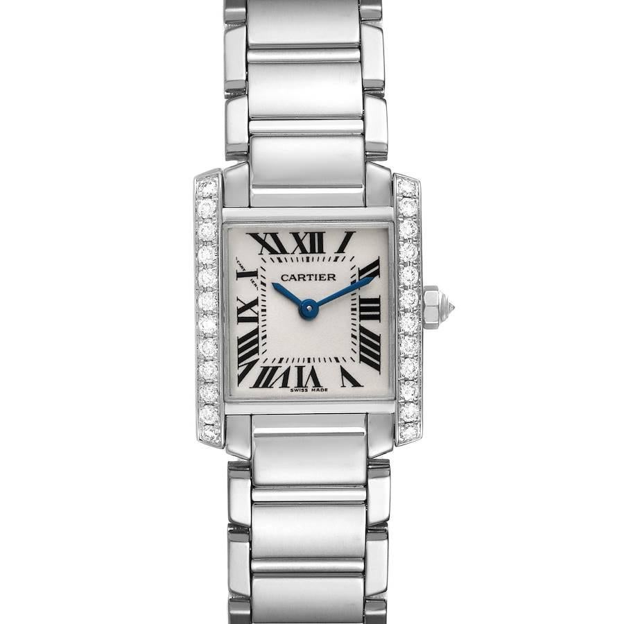 Cartier Tank Francaise 18K White Gold Diamond Ladies Watch WE1002S3. Quartz movement. Rectangular 18K white gold 20.0 x 25.0 mm case. Octagonal  crown set with a diamond. Original Cartier factory diamond bezel. Scratch resistant sapphire crystal.