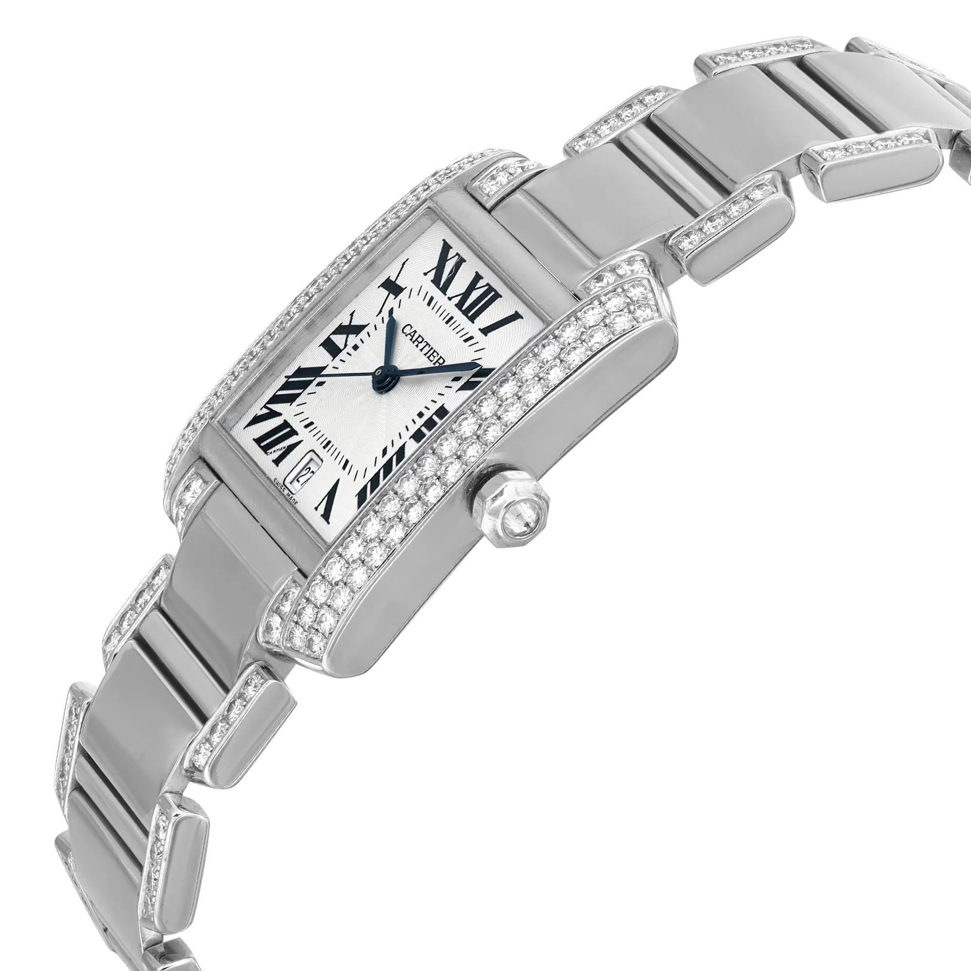 Reloj Cartier Tank Francaise 18K Oro Blanco Diamante Esfera Plata Unisex WE1003SF en Excelente estado para la venta en New York, NY