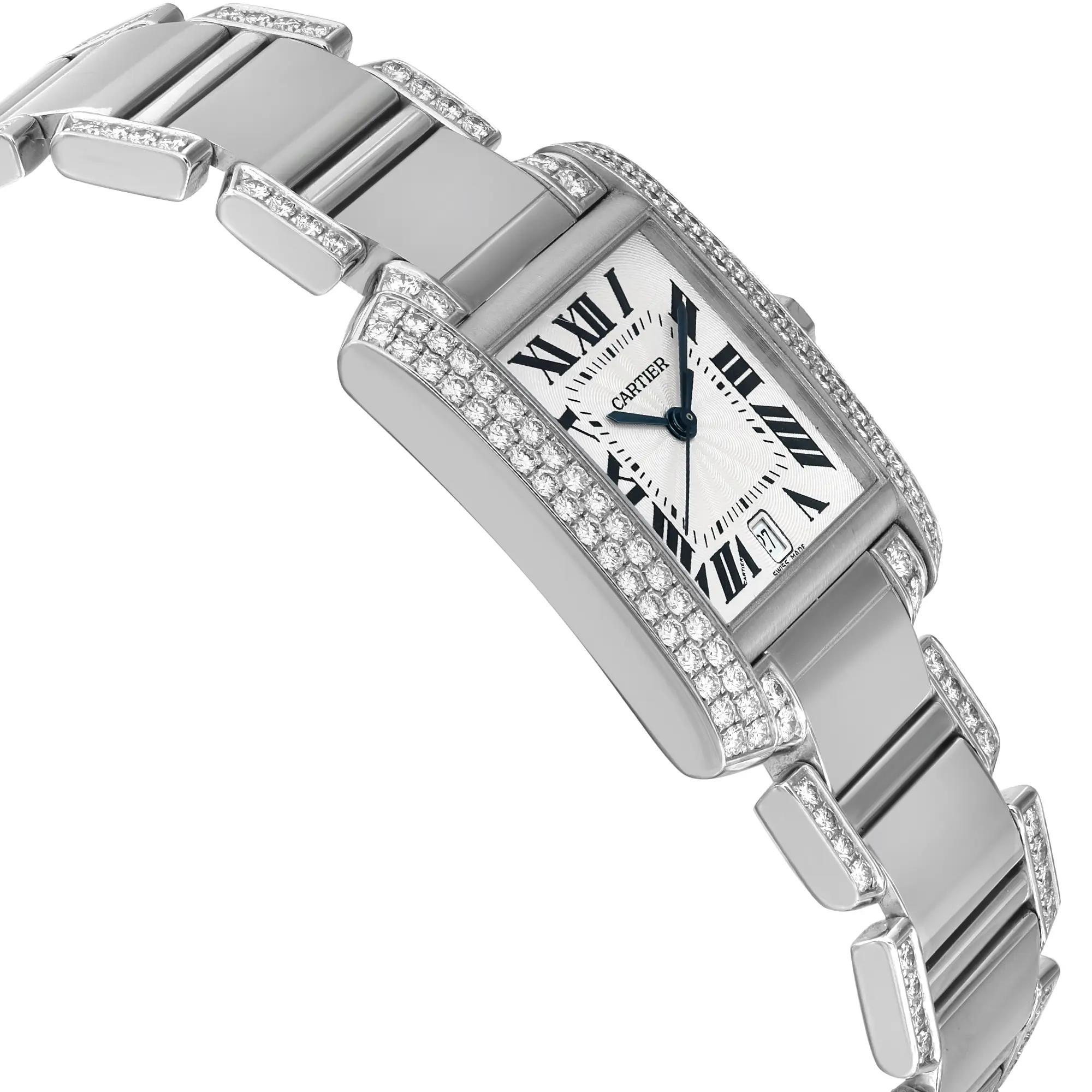 De las mujeres Reloj Cartier Tank Francaise 18K Oro Blanco Diamante Esfera Plata Unisex WE1003SF en venta